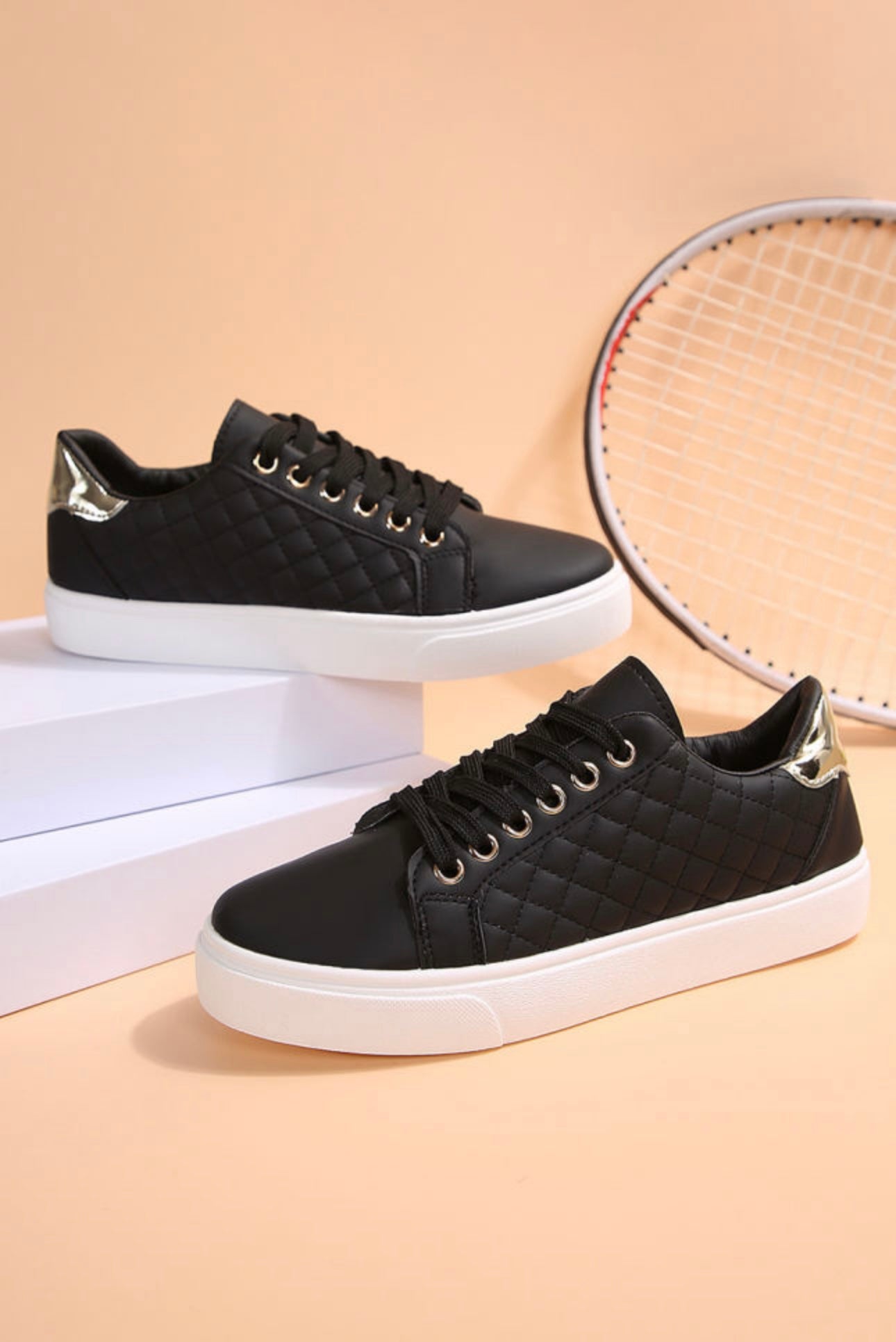 Black with Gold Detail Quilted Sneakers