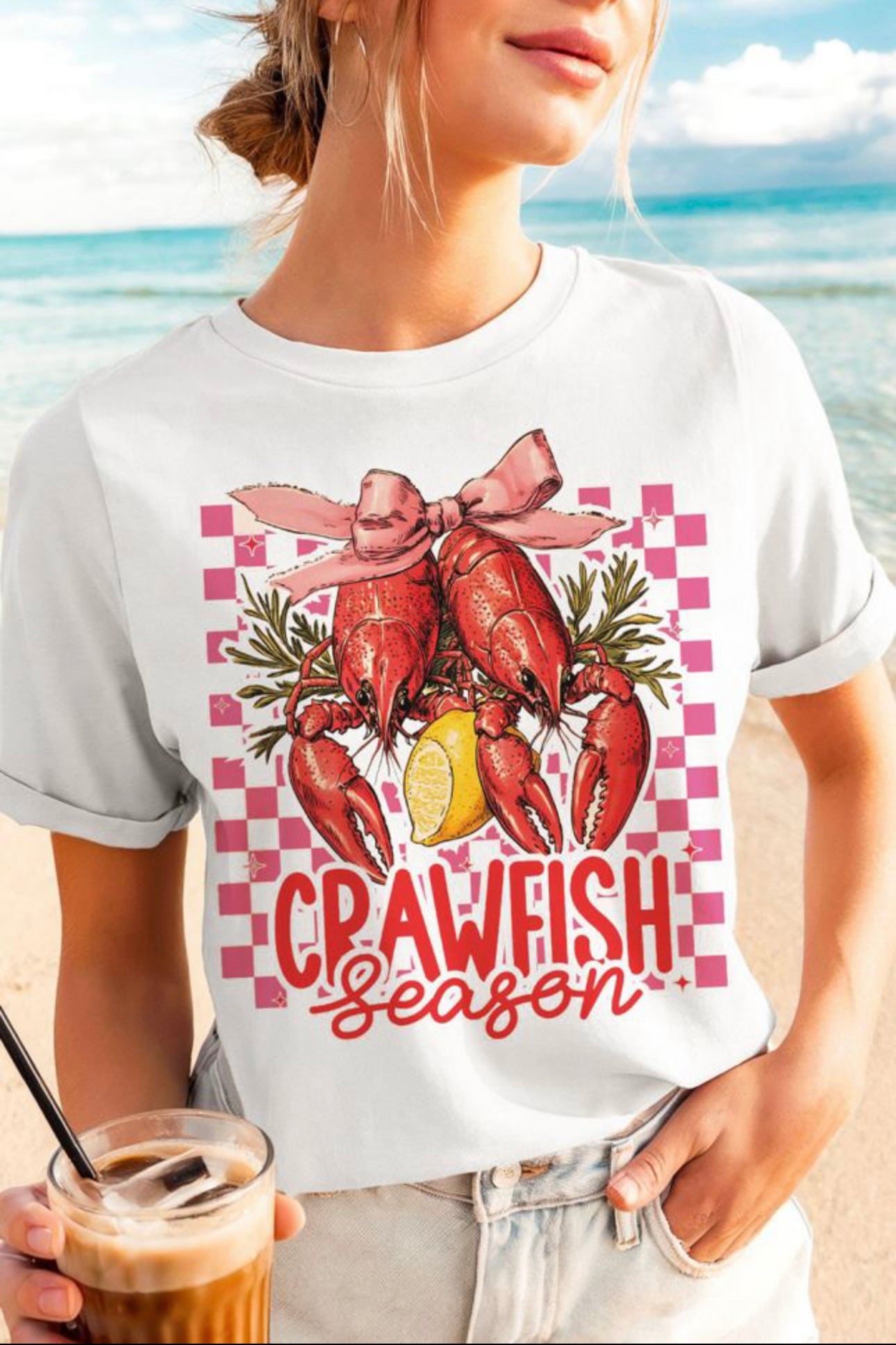 White Checkerboard Bow Crawfish Season Tee