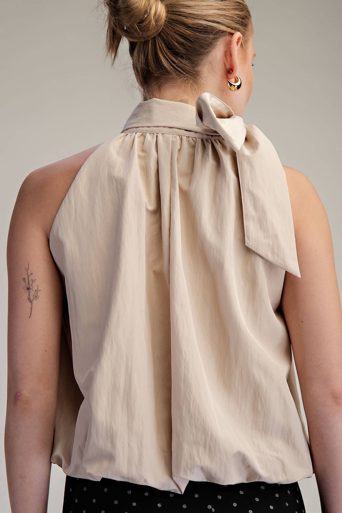 Taupe High Neck Tie Wrap Balloon Sleeveless Top