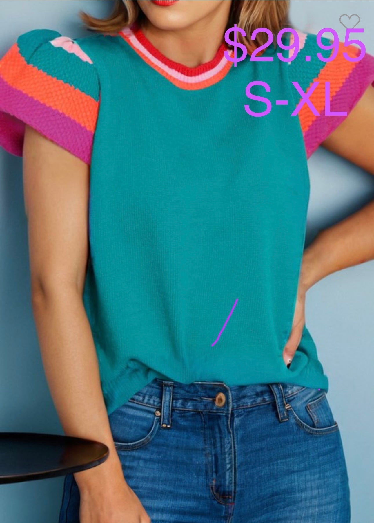 Short Sleeve Sweater with Striped Flutter Sleeves
