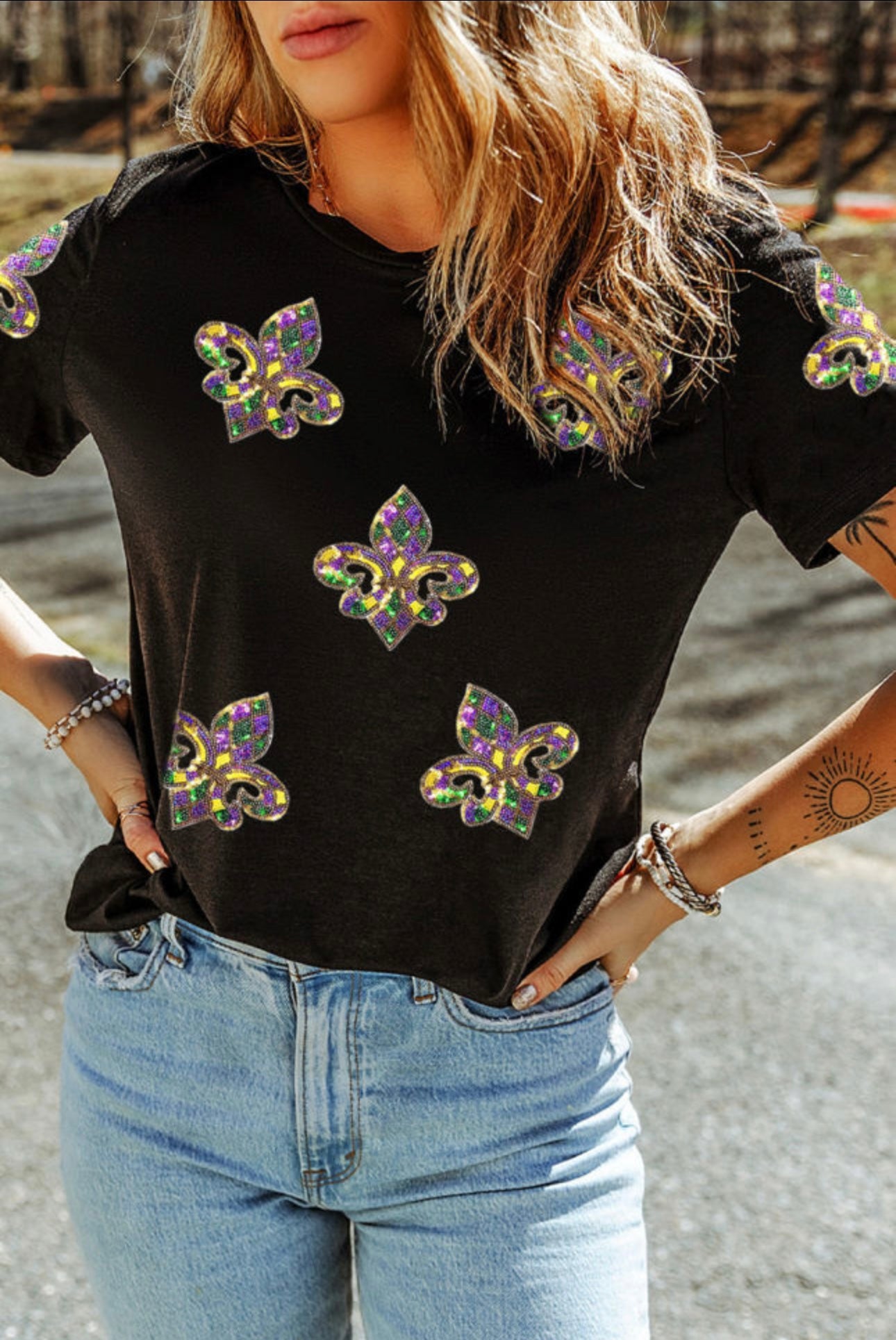 Black Sequined Mardi Gras Fleur de Lis Tee