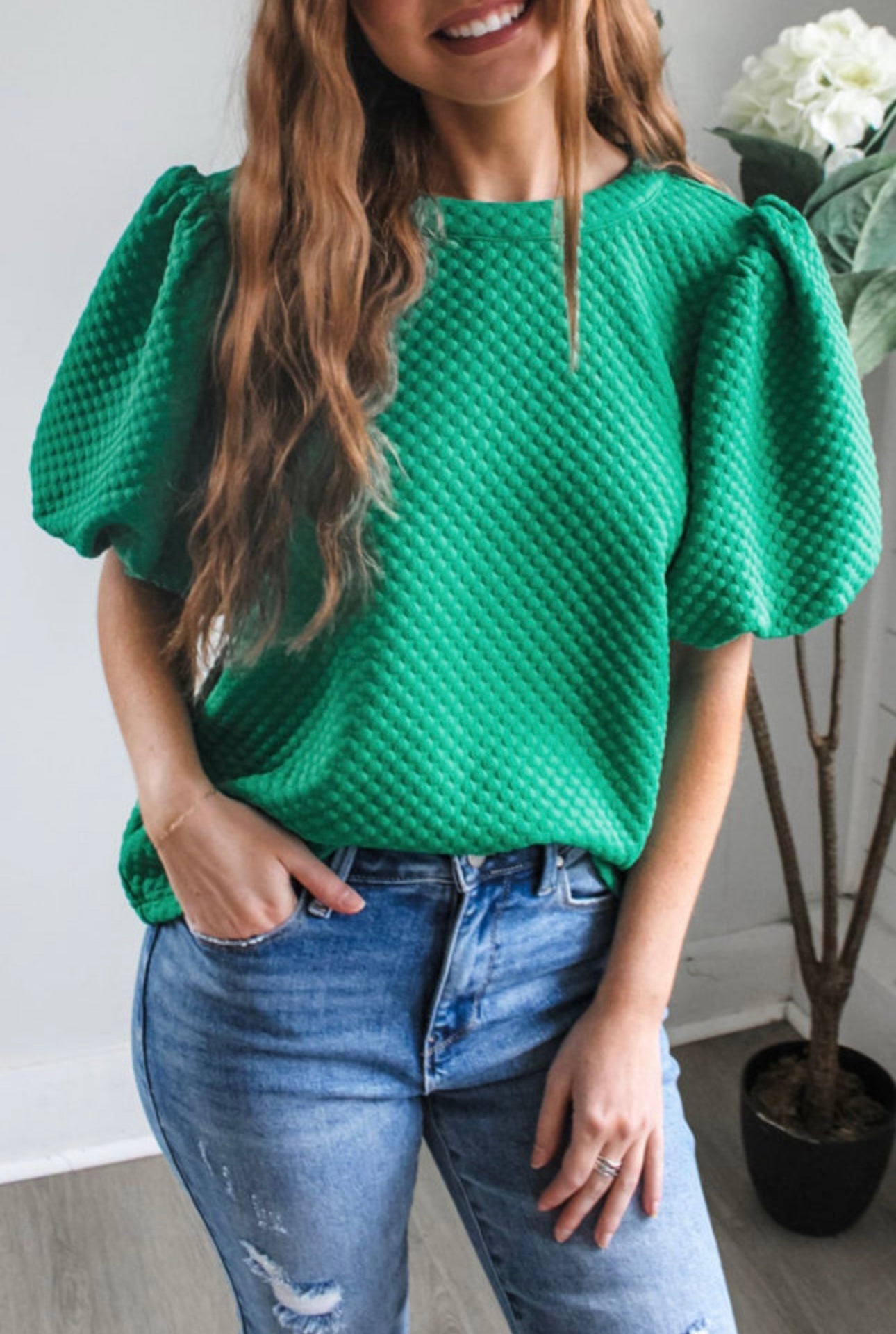 Textured Crew Neck Puffed Sleeve Top