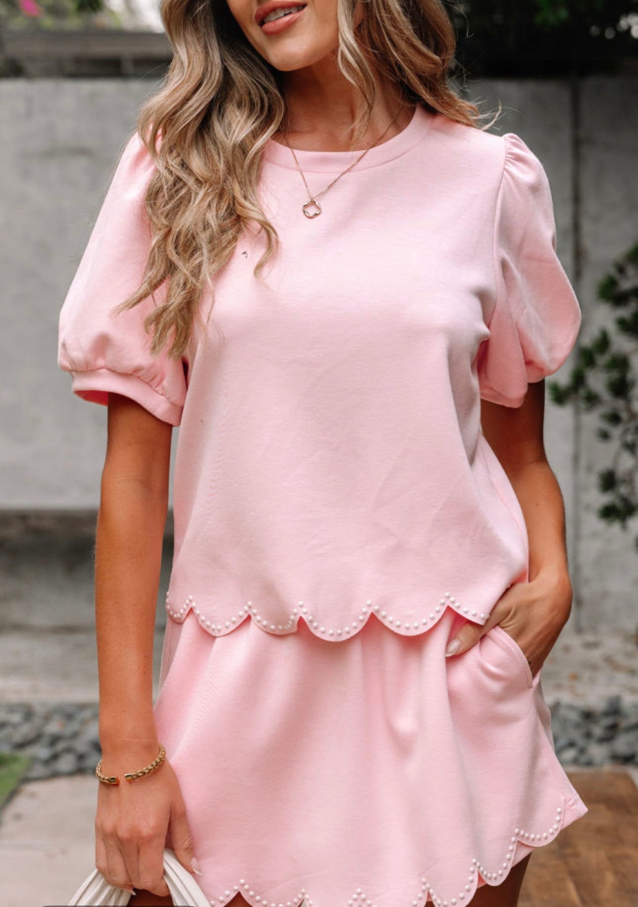 Pink Puff Sleeve Scalloped Skort Set