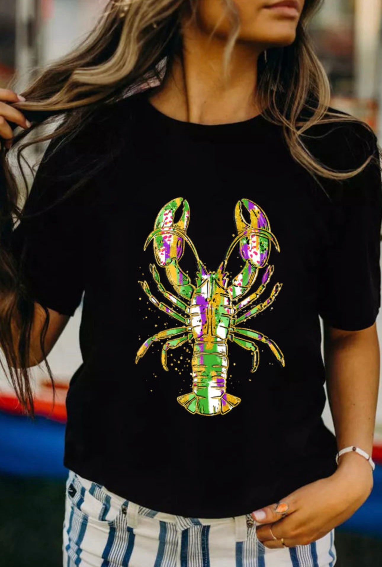 Black Graphic Mardi Gras Crawfish Tee