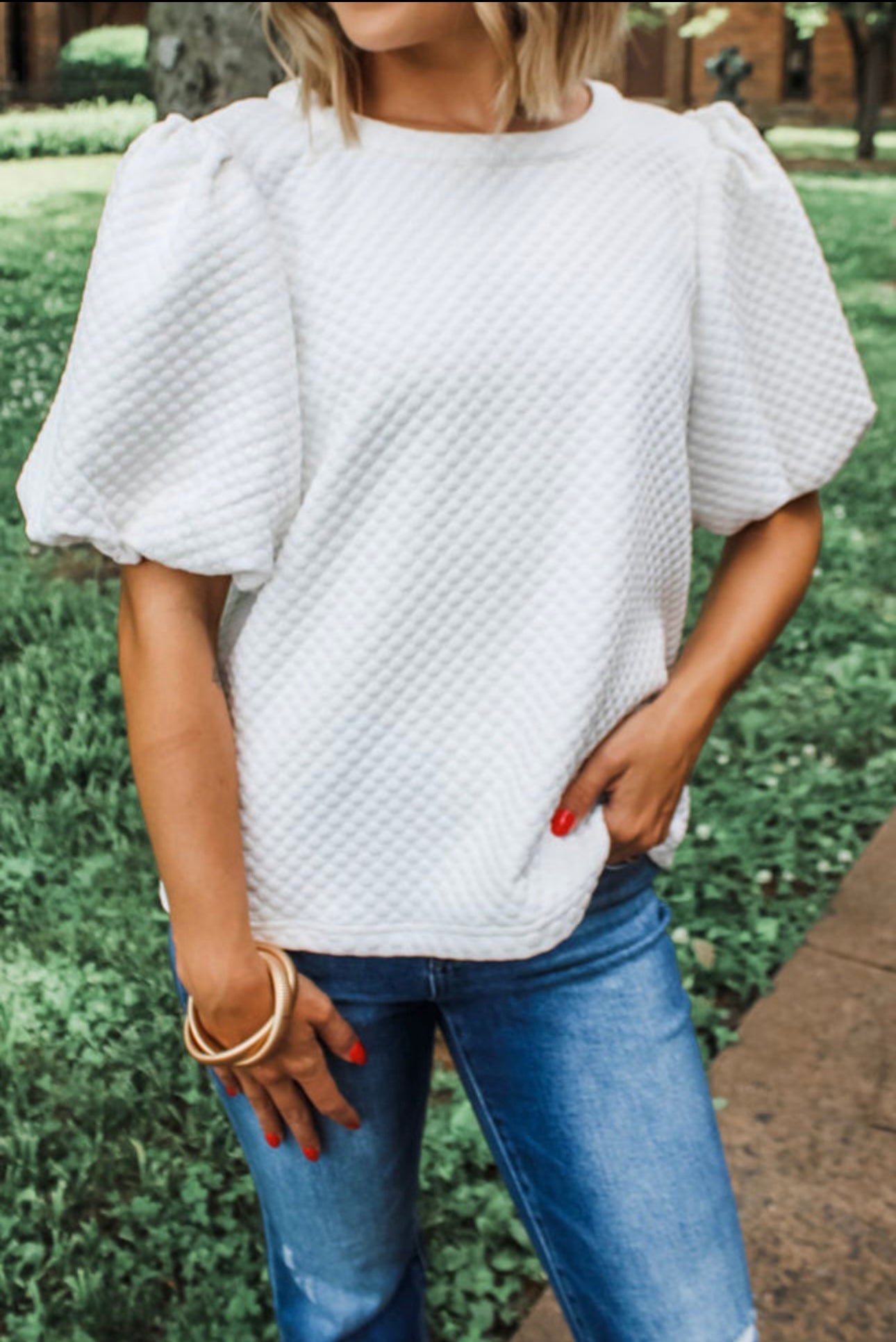Textured Crew Neck Puffed Sleeve Top