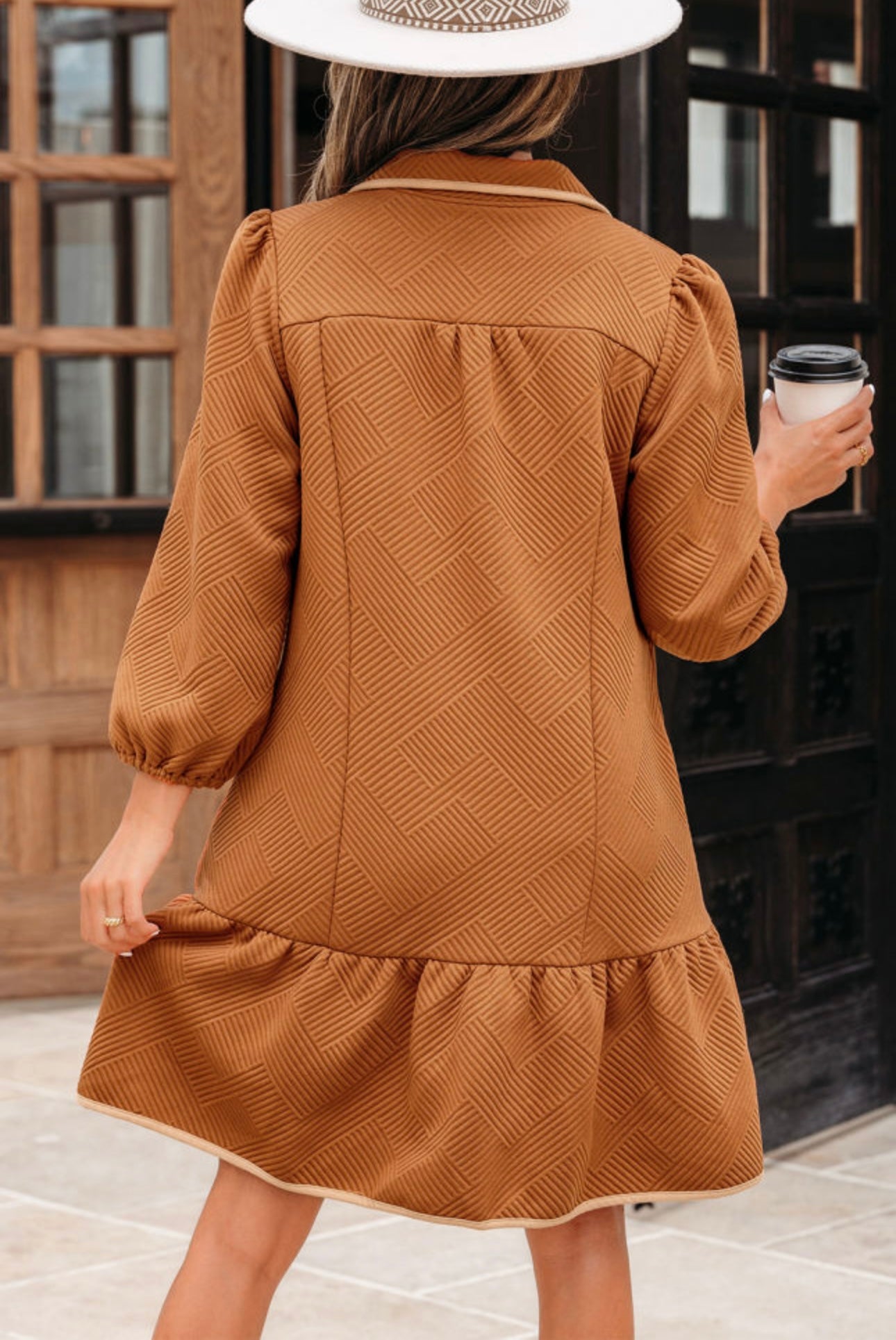 Camel Textured Drop Waist Dress