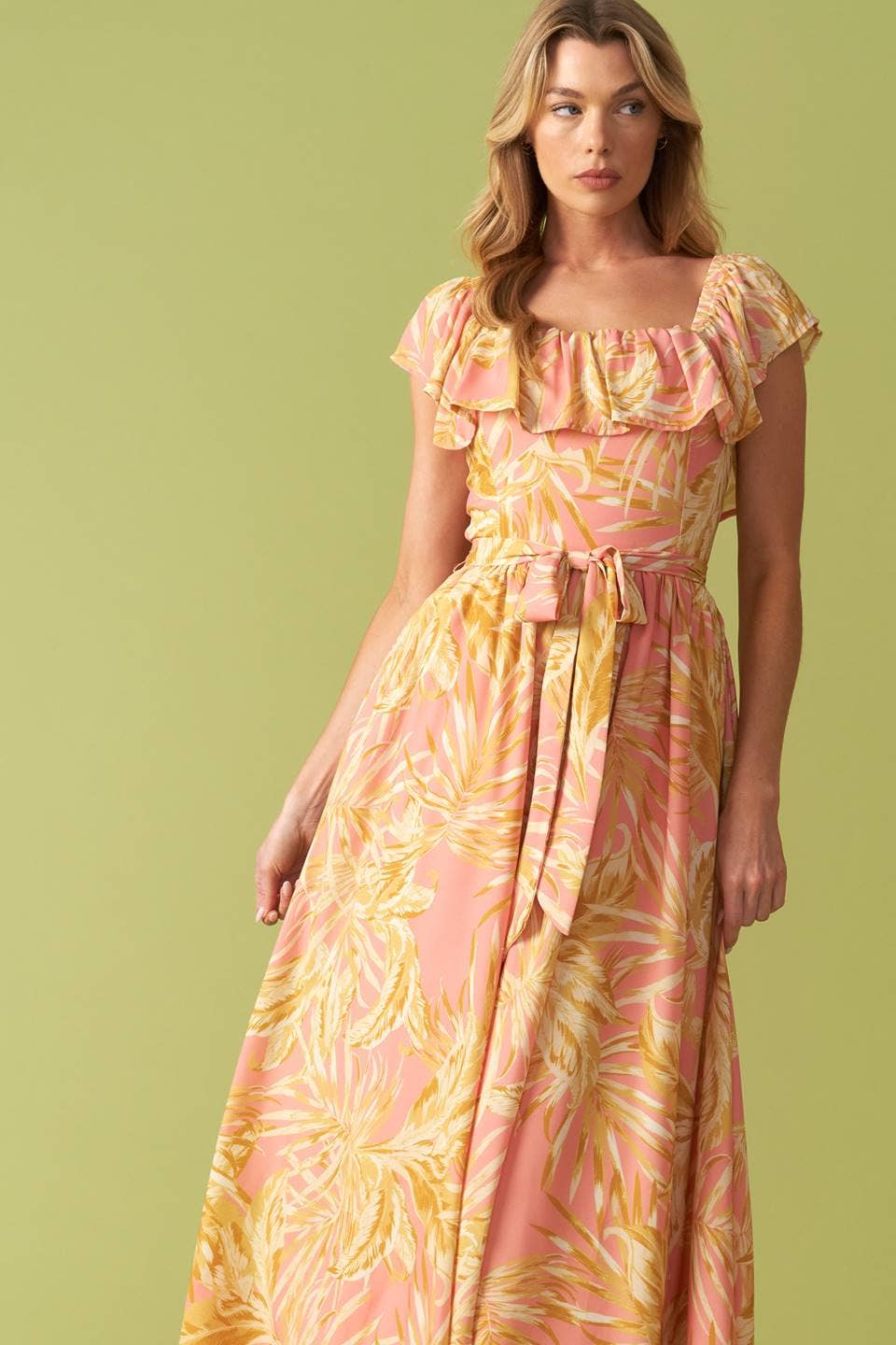 Pink Floral Flutter Top Midi Dress