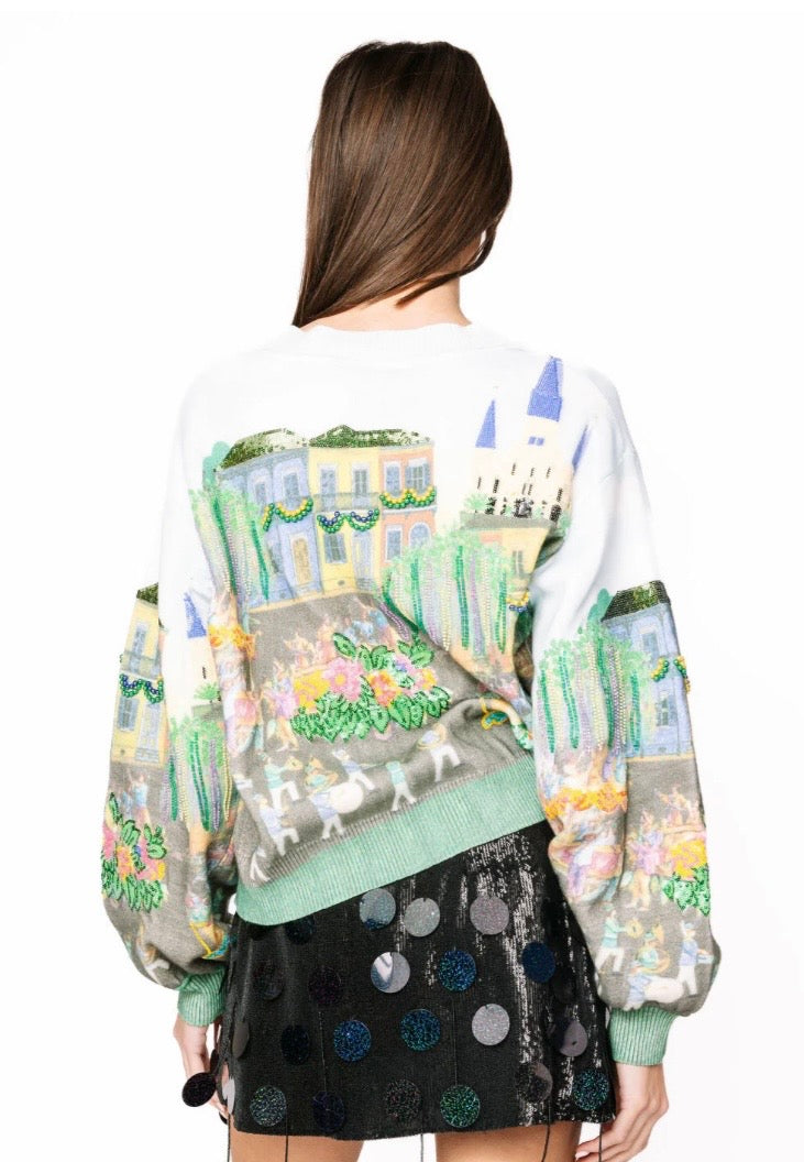Queen of Sparkles Mardi Gras Parade Scene Button Up Cardigan