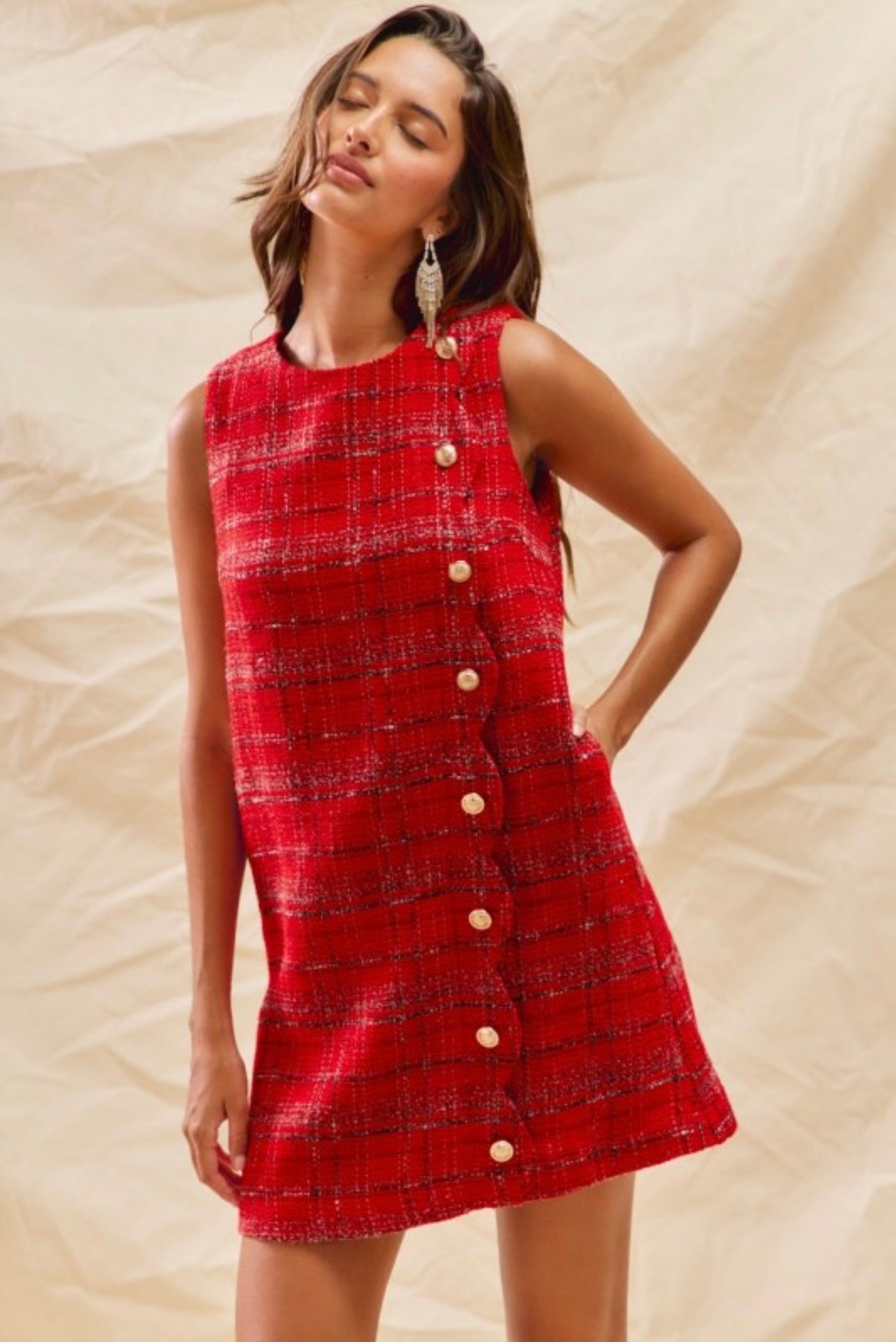 Red Tweed Scalloped Dress
