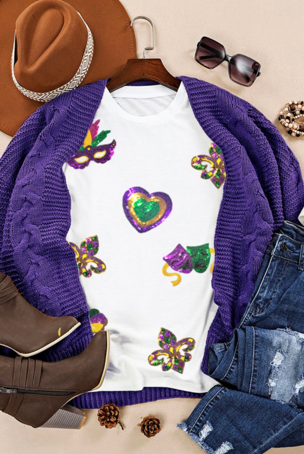 White Sequined Mardi Gras Symbolic Tee