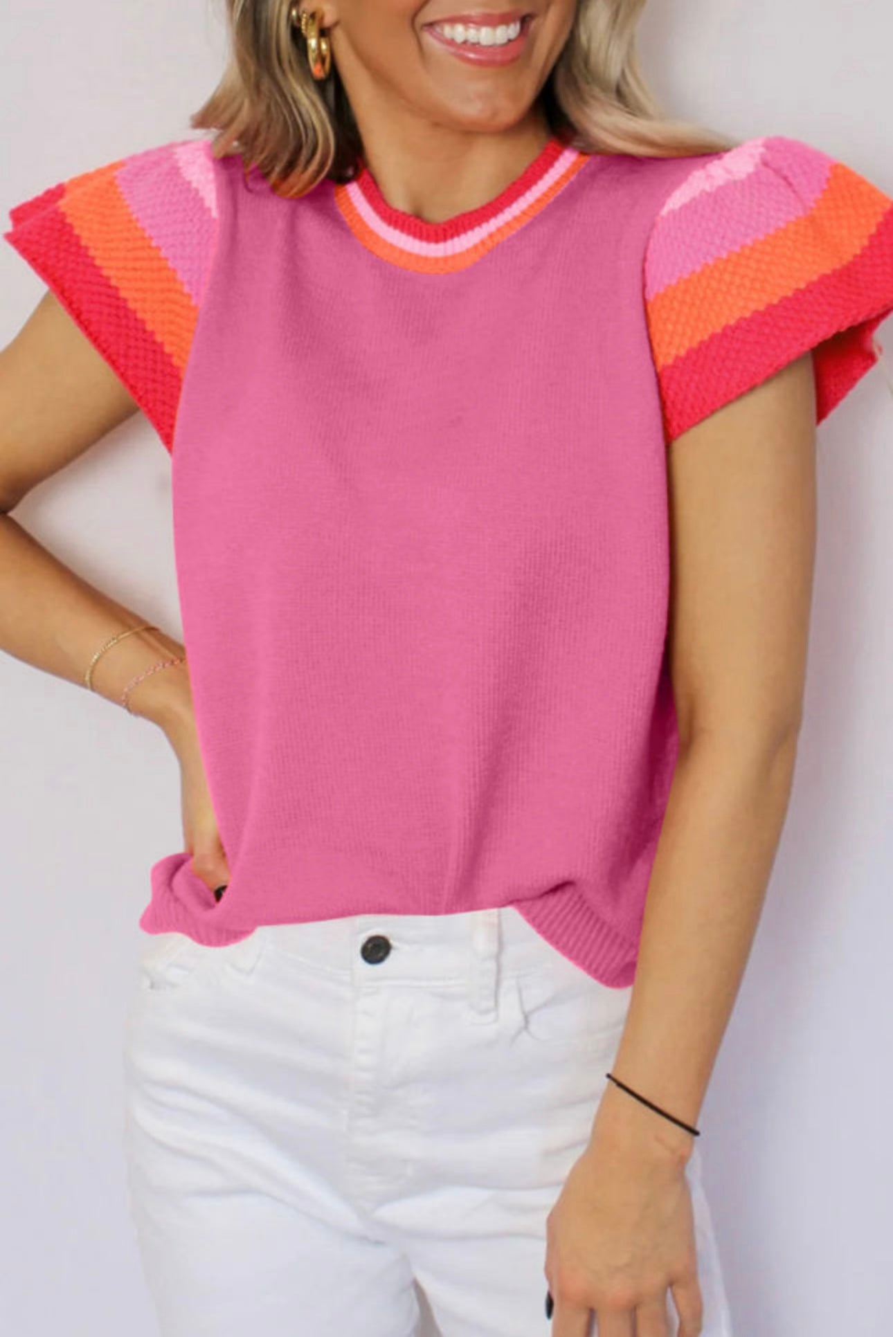 Short Sleeve Sweater with Striped Flutter Sleeves