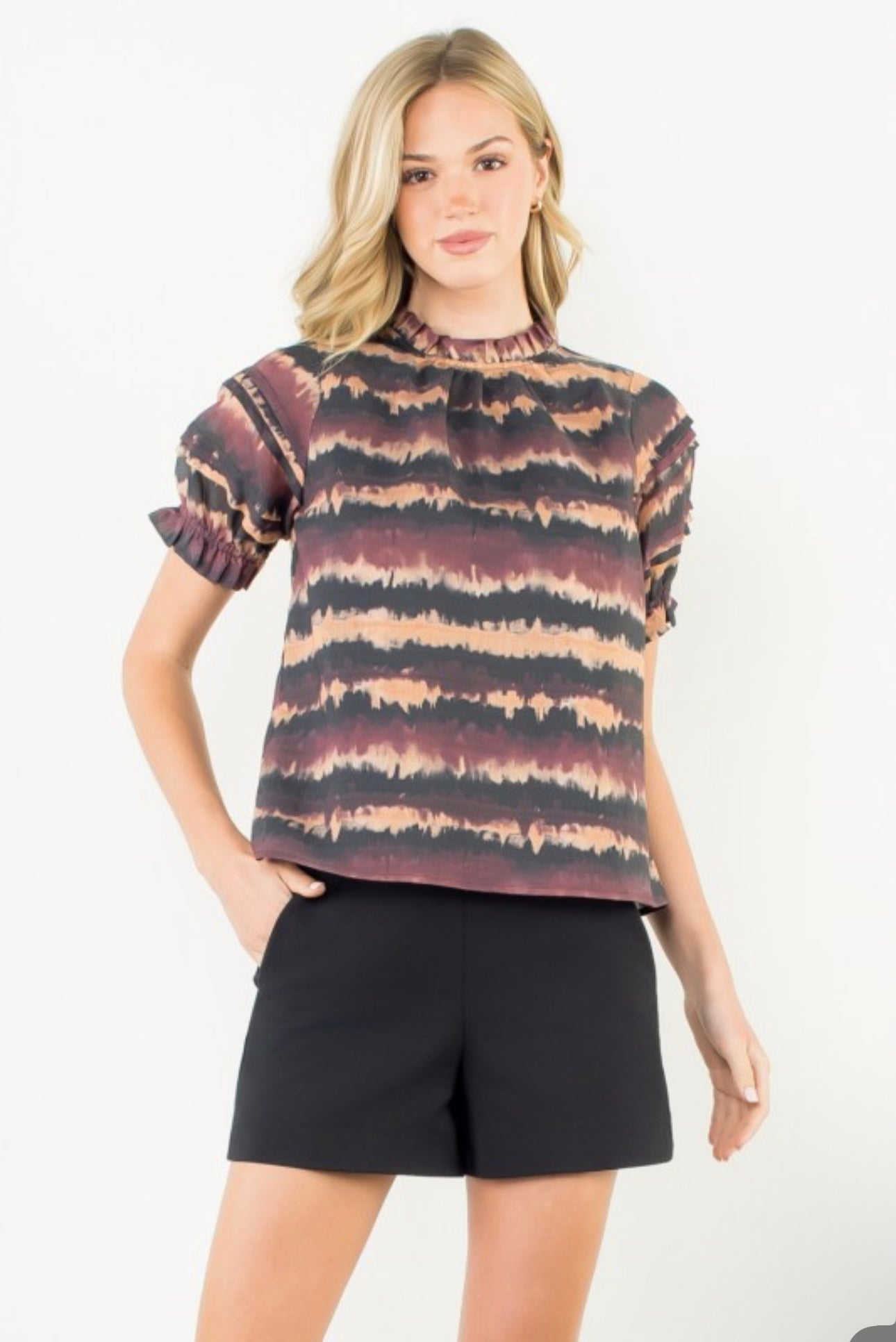 Pleated Puff Sleeve Brown/Black Blouse