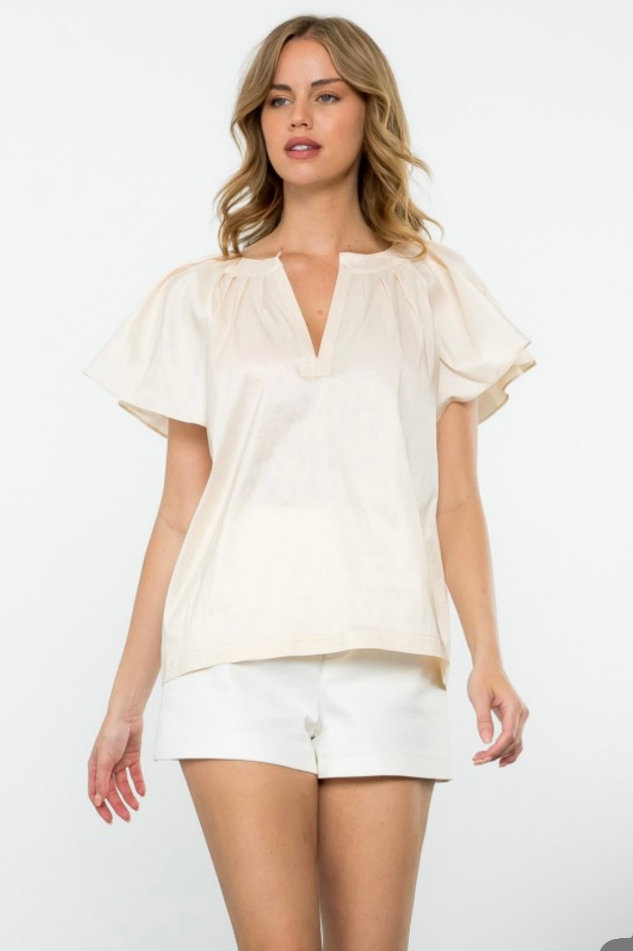 Taffeta V Neck Flutter Sleeve Blouse