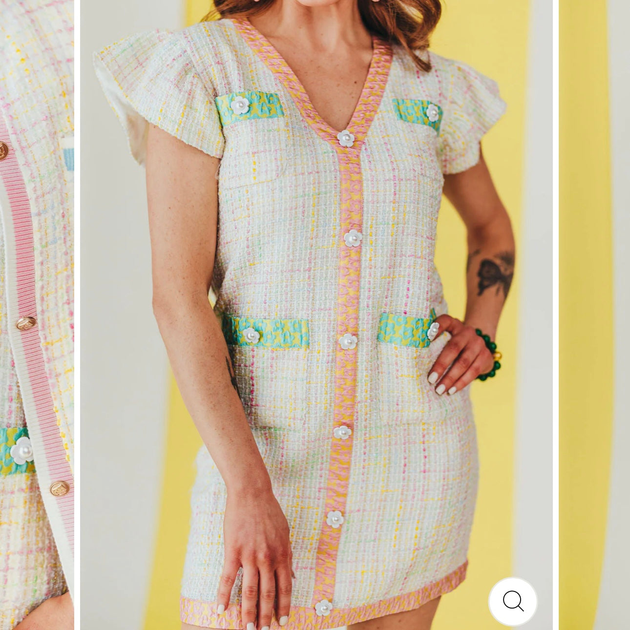Brianna Cannon Pastel Tweed Dress with Floral Trim