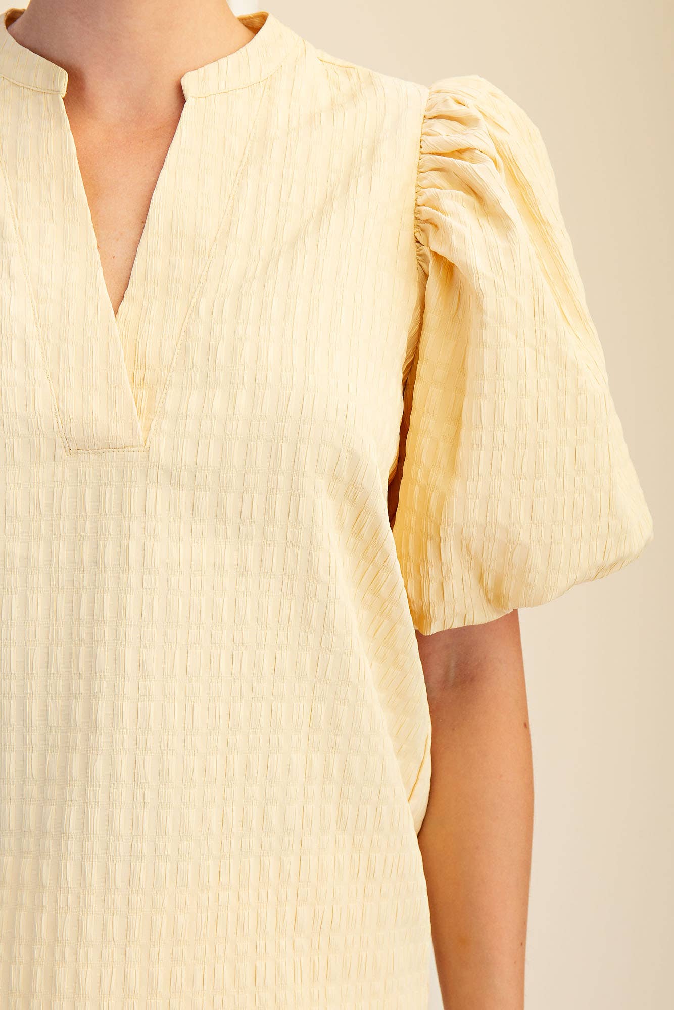 Butter Yellow V-Neck Puff-Sleeve Textured Top