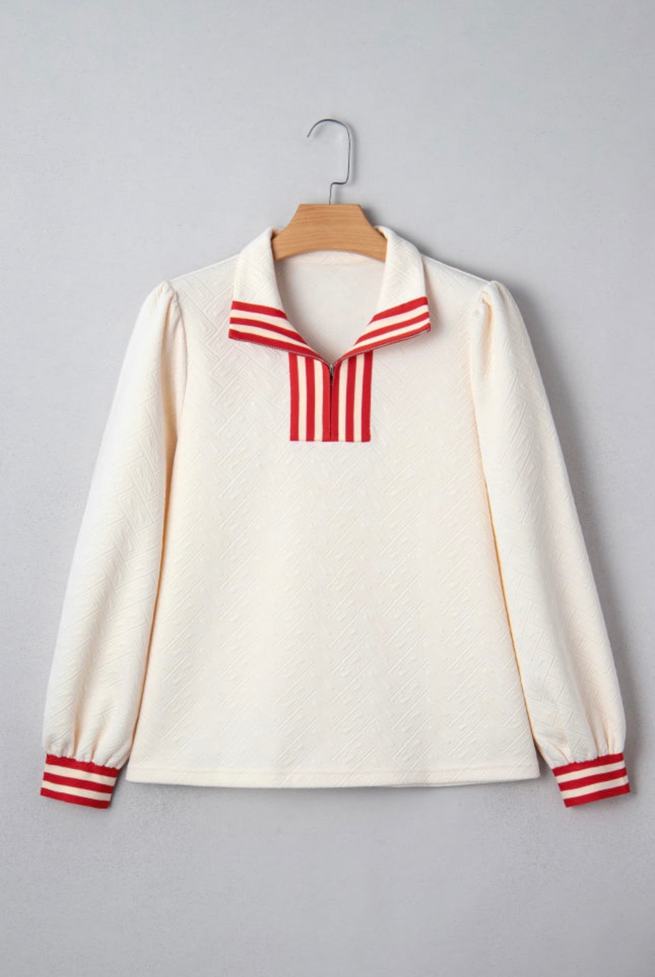 White Textured Knit Striped Red Trim Long Sleeve Zip Up Top