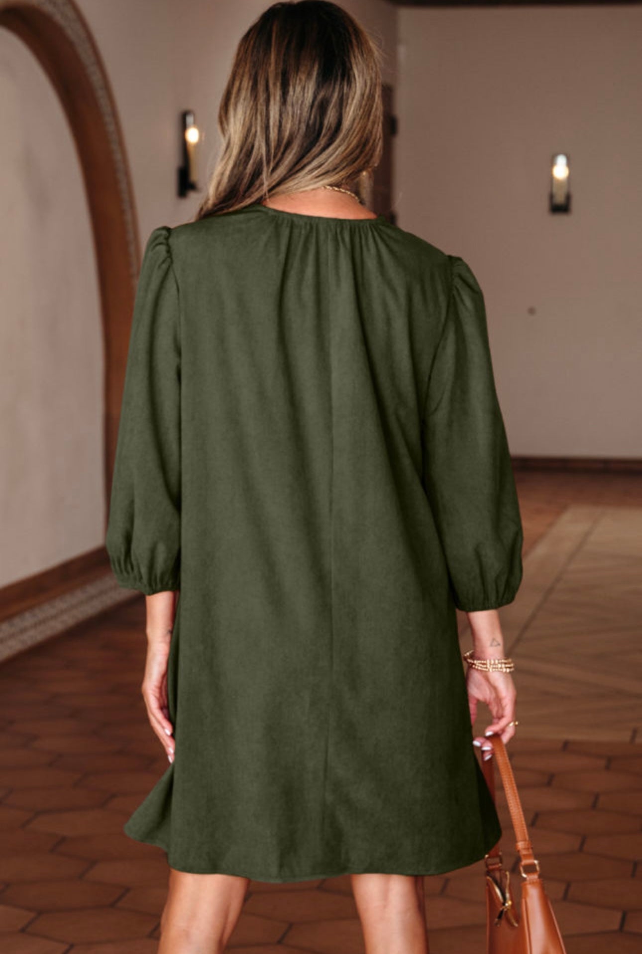 Green Scallop Detail Corduroy Dress