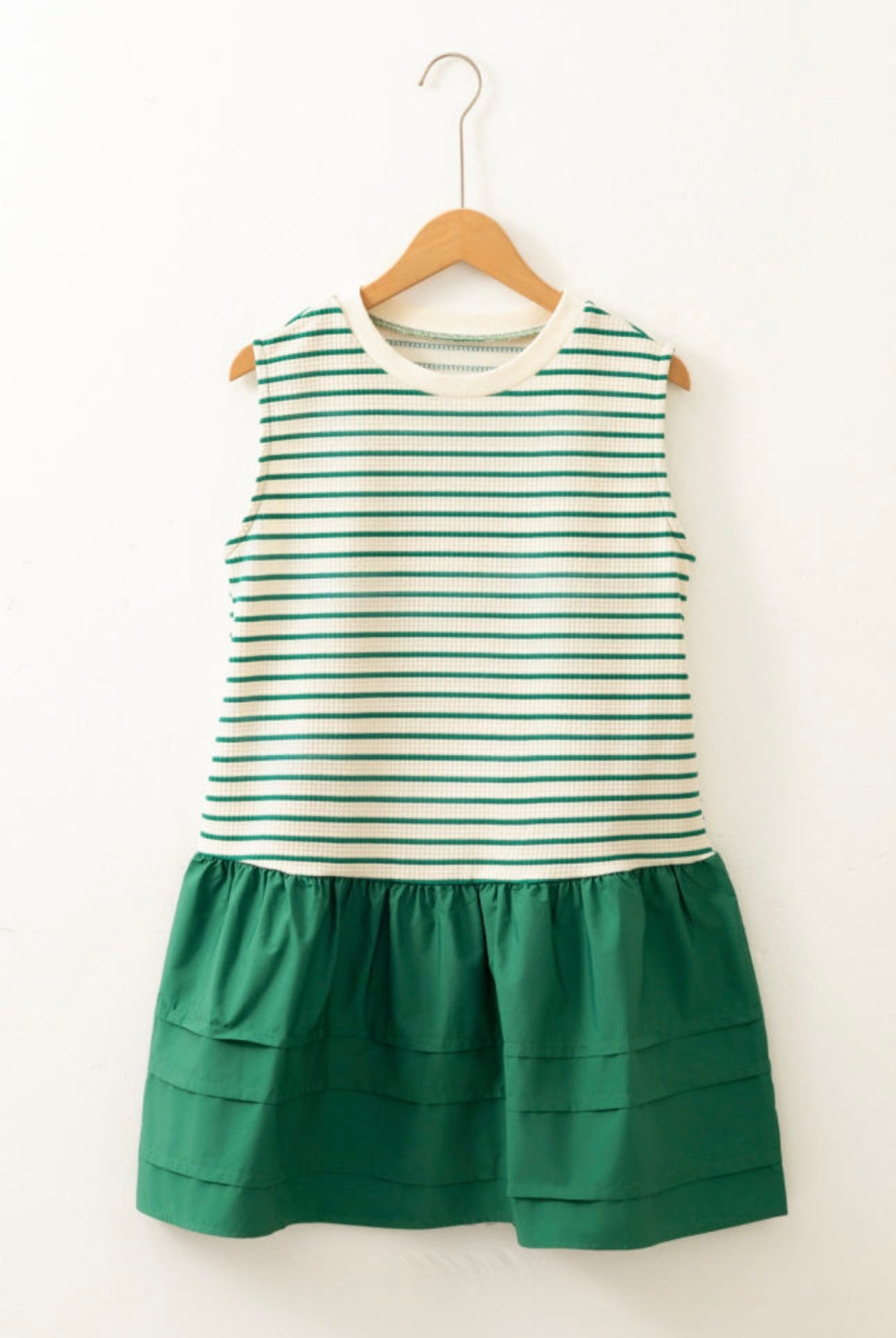 Green Stripe Sleeveless Ruffled Dress