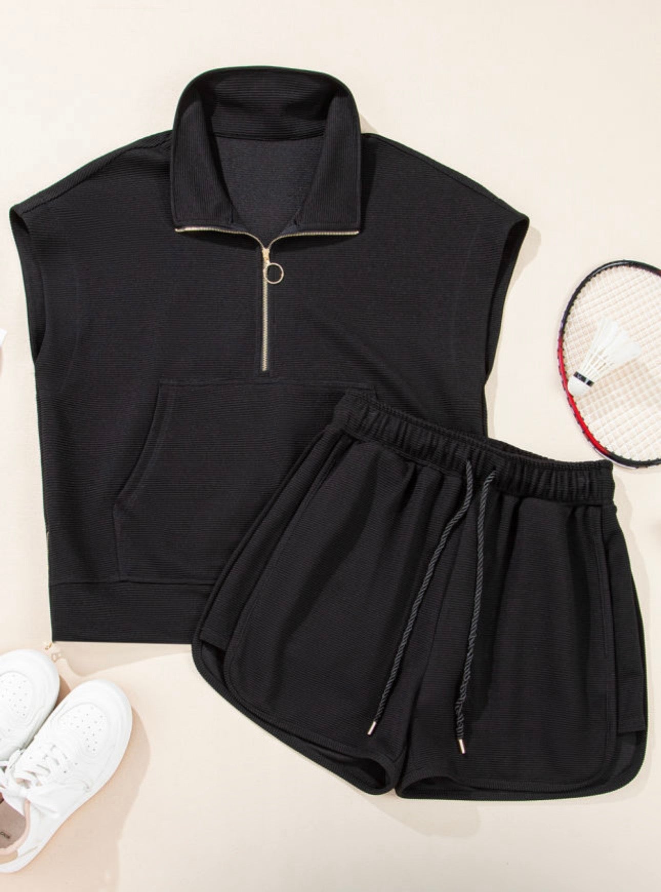 Black Micro Ribbed Shorts Set