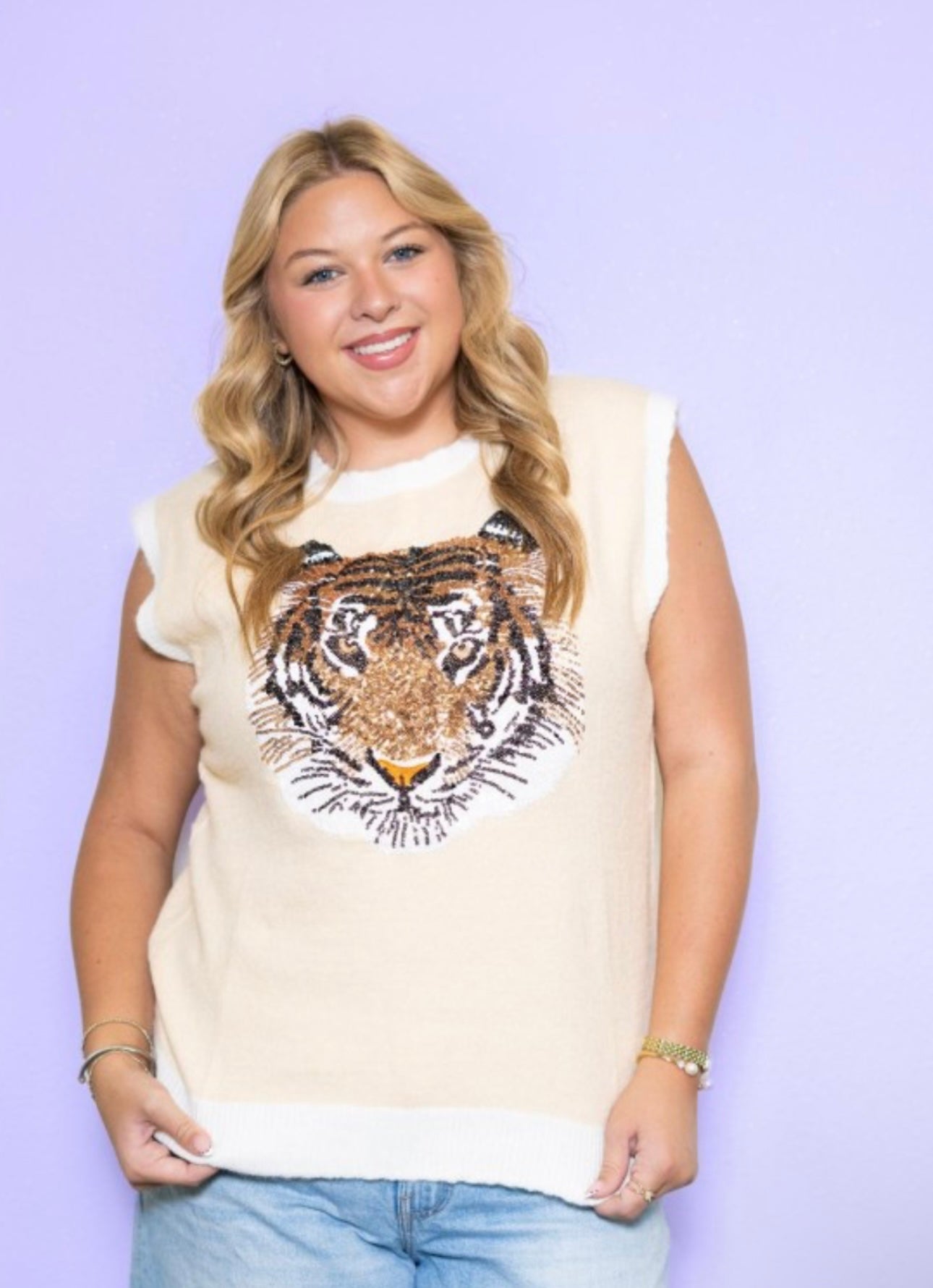 Sequined LSU Tiger Sleeveless Top in Pale Yellow