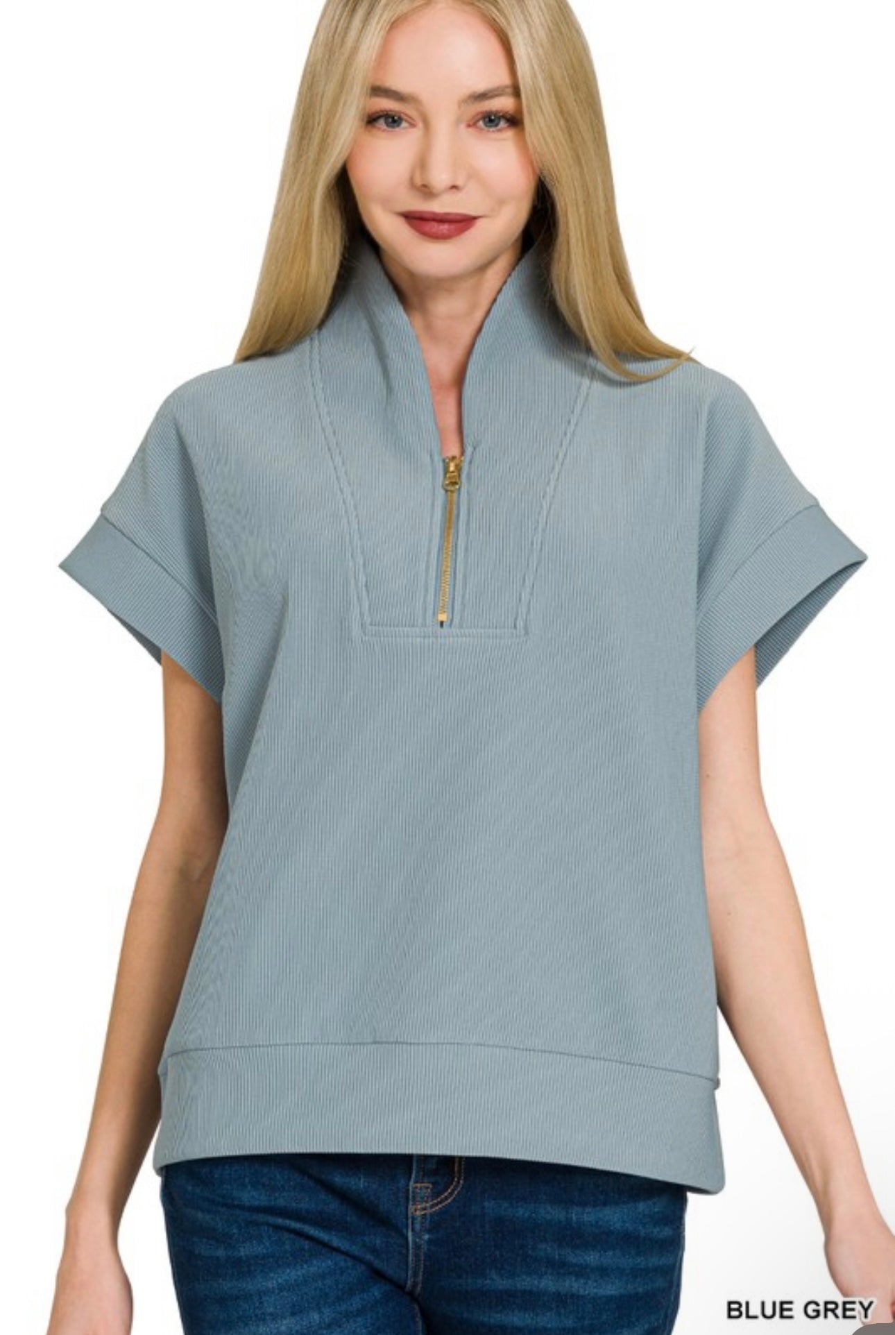 Ribbed High Neck Half Zip Top