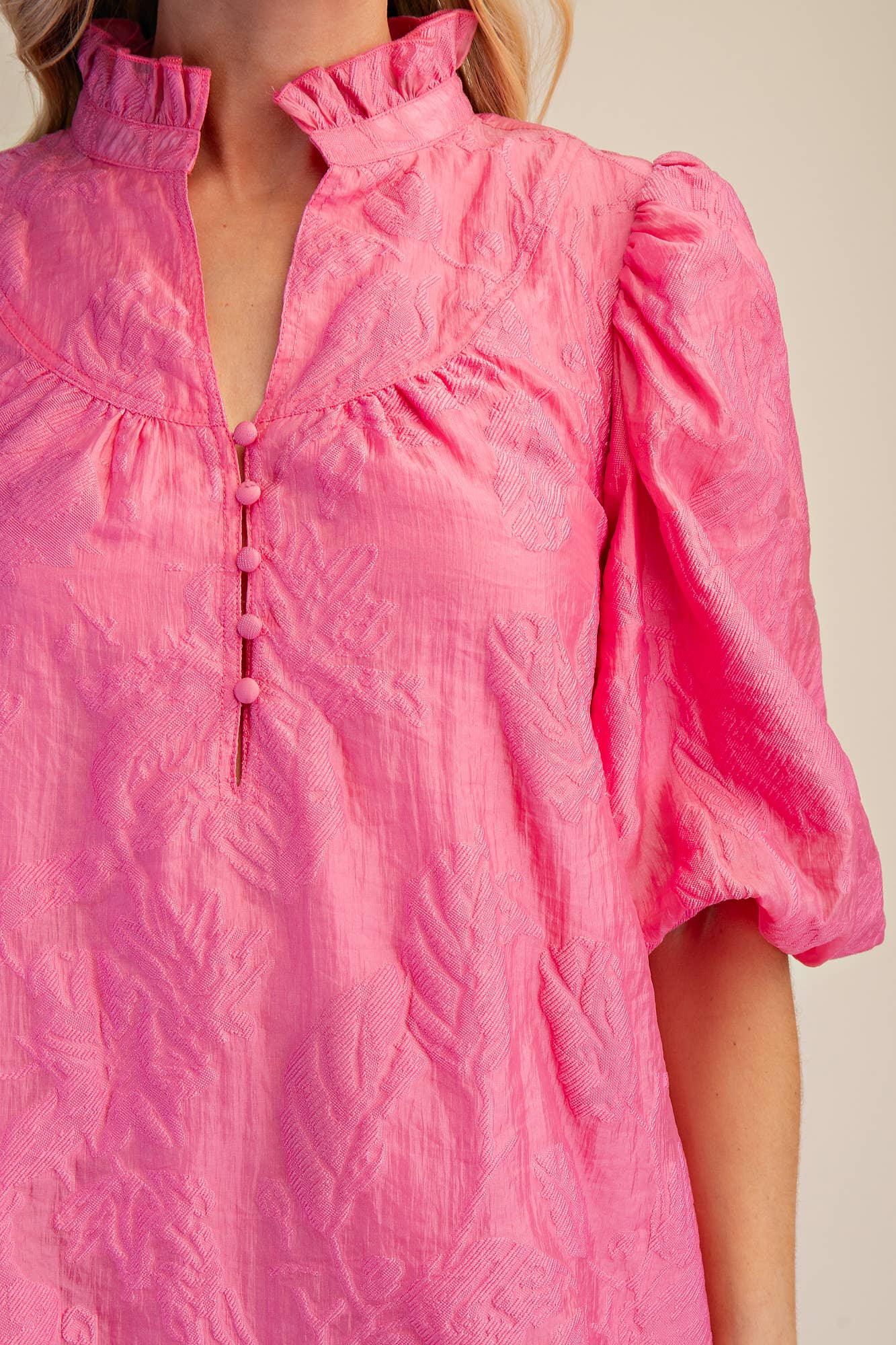 Pink Ruffled Neck with Volume Sleeve Dress