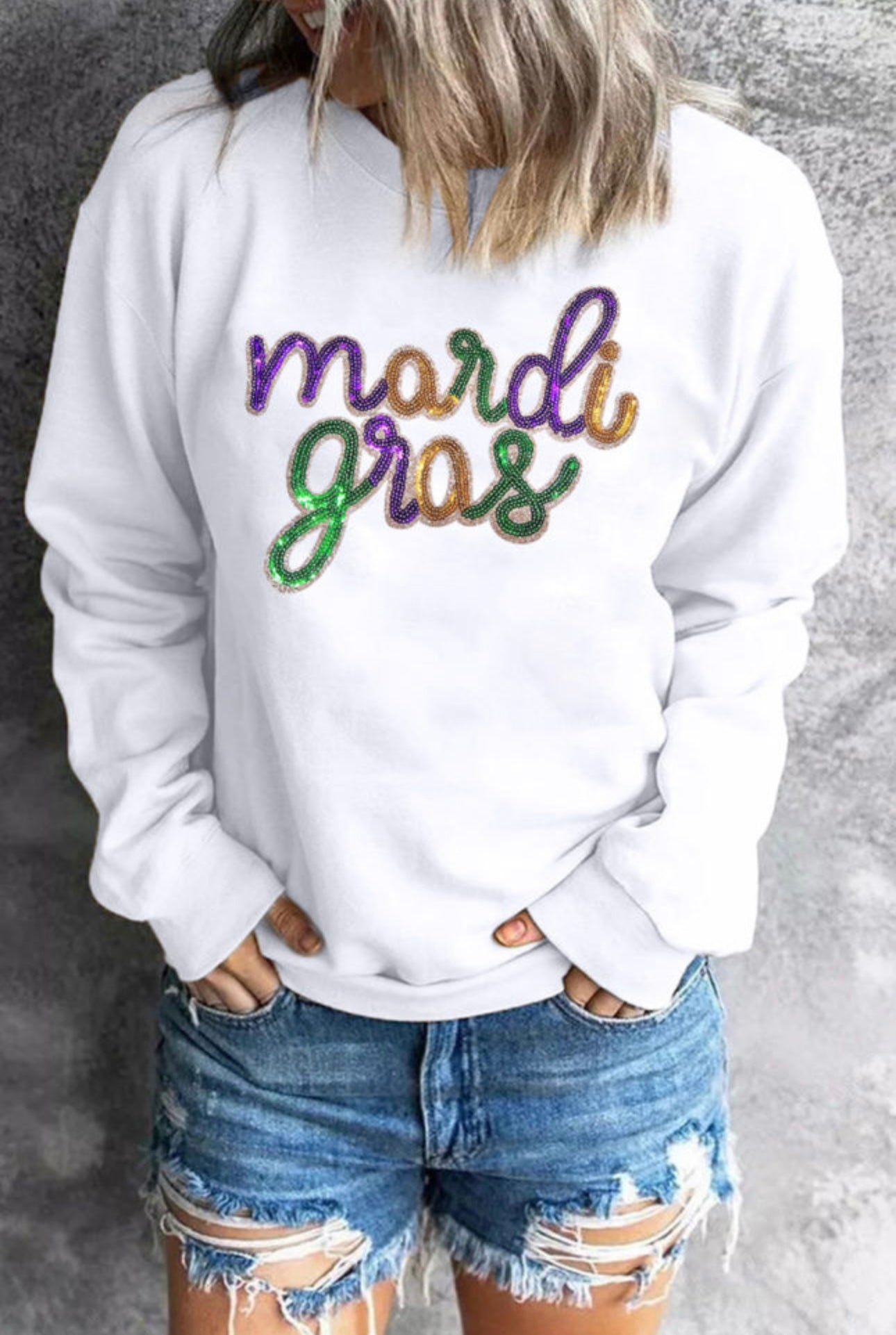 White Sequin Mardi Gras Sweatshirt