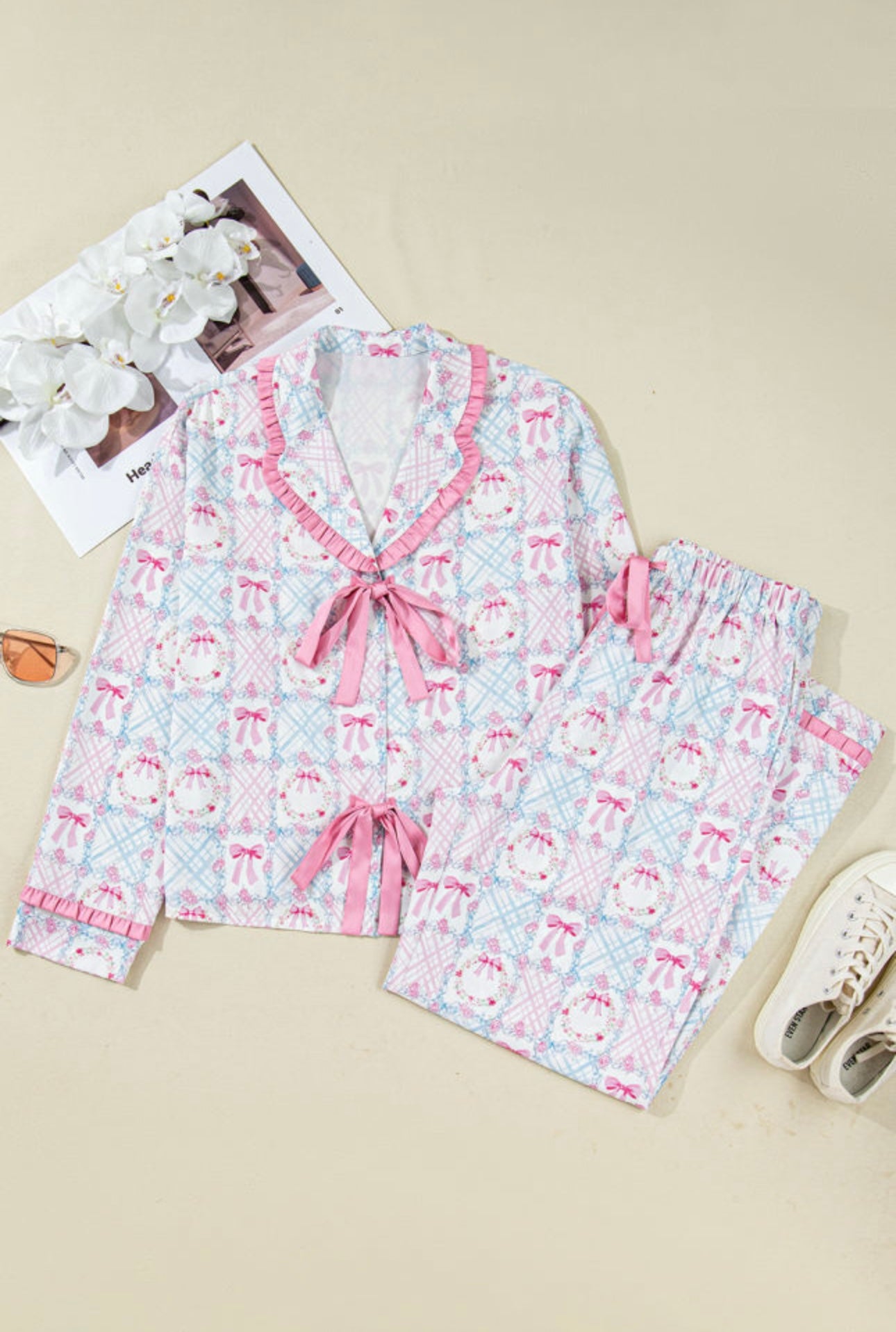 Pink Bow Wreath Christmas Pajama Pants Set