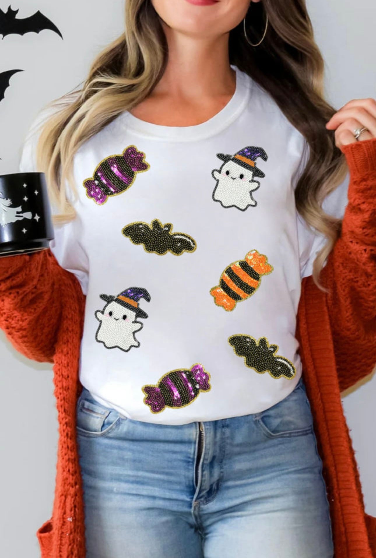 White Sequin Ghost, Bat & Candy Tee