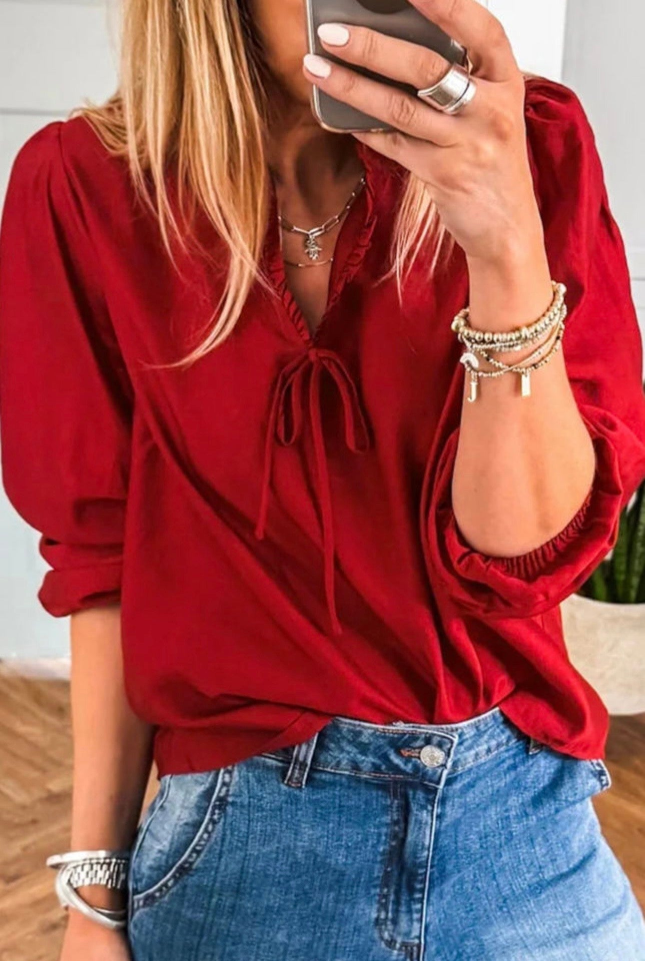 Frilled V Neck 3/4 Sleeve Blouse