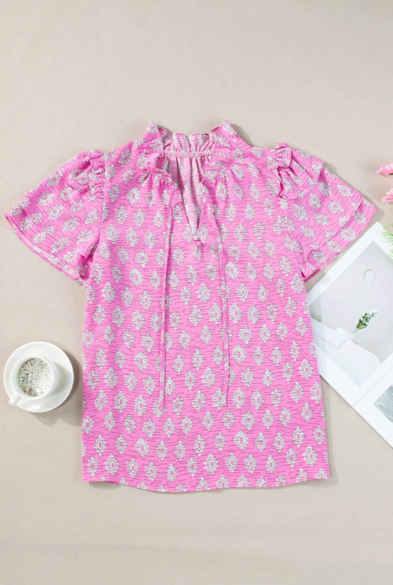 Pink Ruffle Sleeve V Neck Blouse