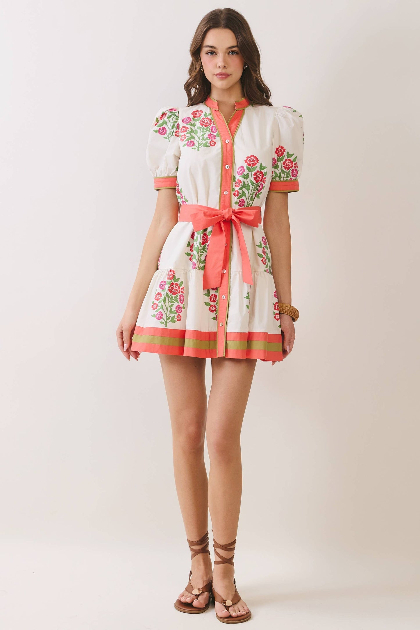 Floral Coral Trim Puff Sleeve Belted Mini Dress