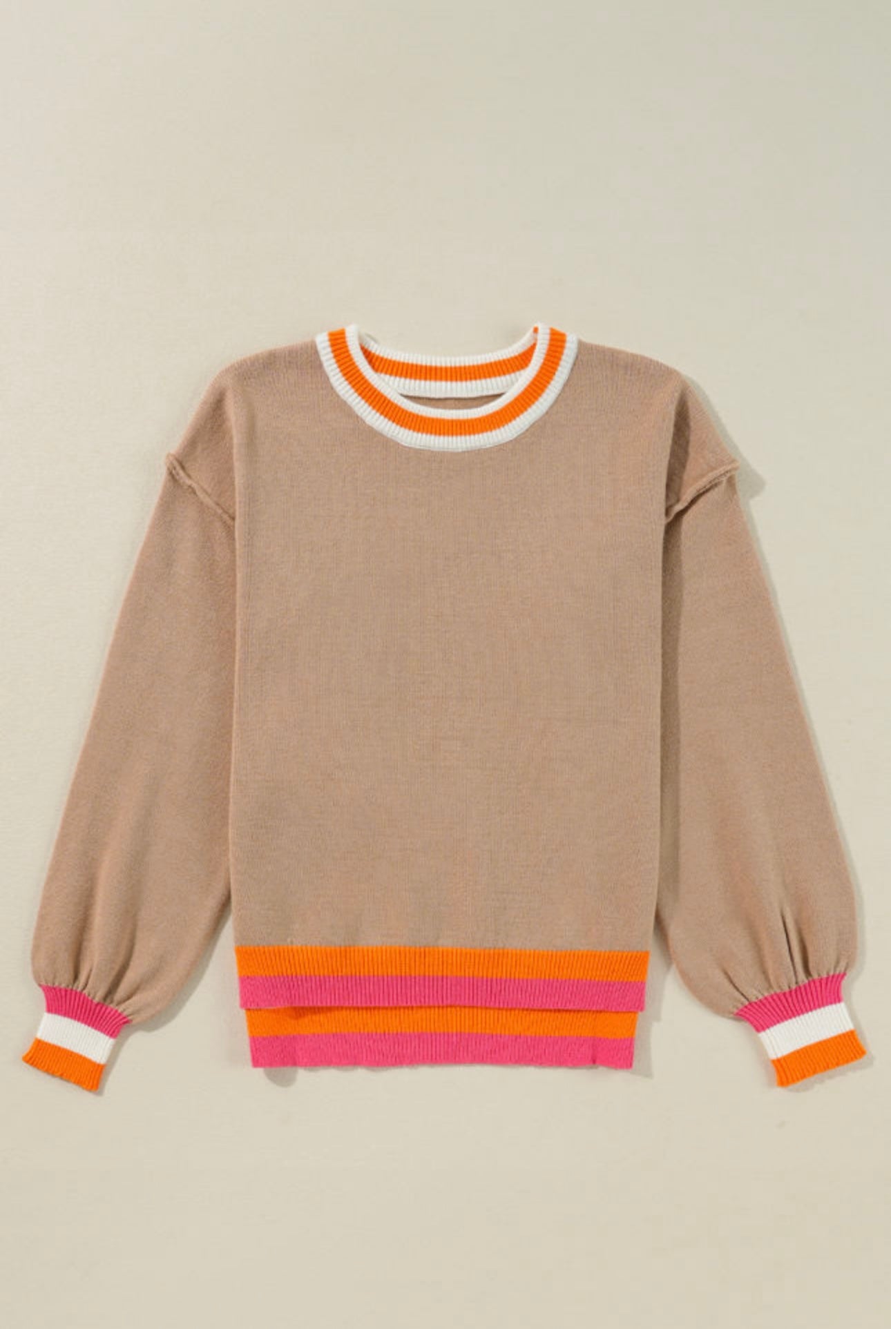 Tan Drop Shoulder Sweater with Orange/Pink Trim Stripes