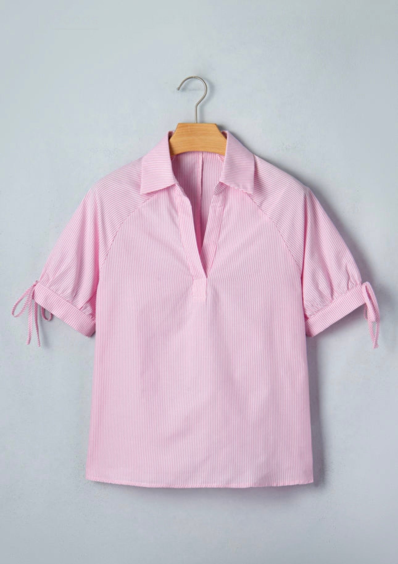 Pink Striped V Neck Blouse
