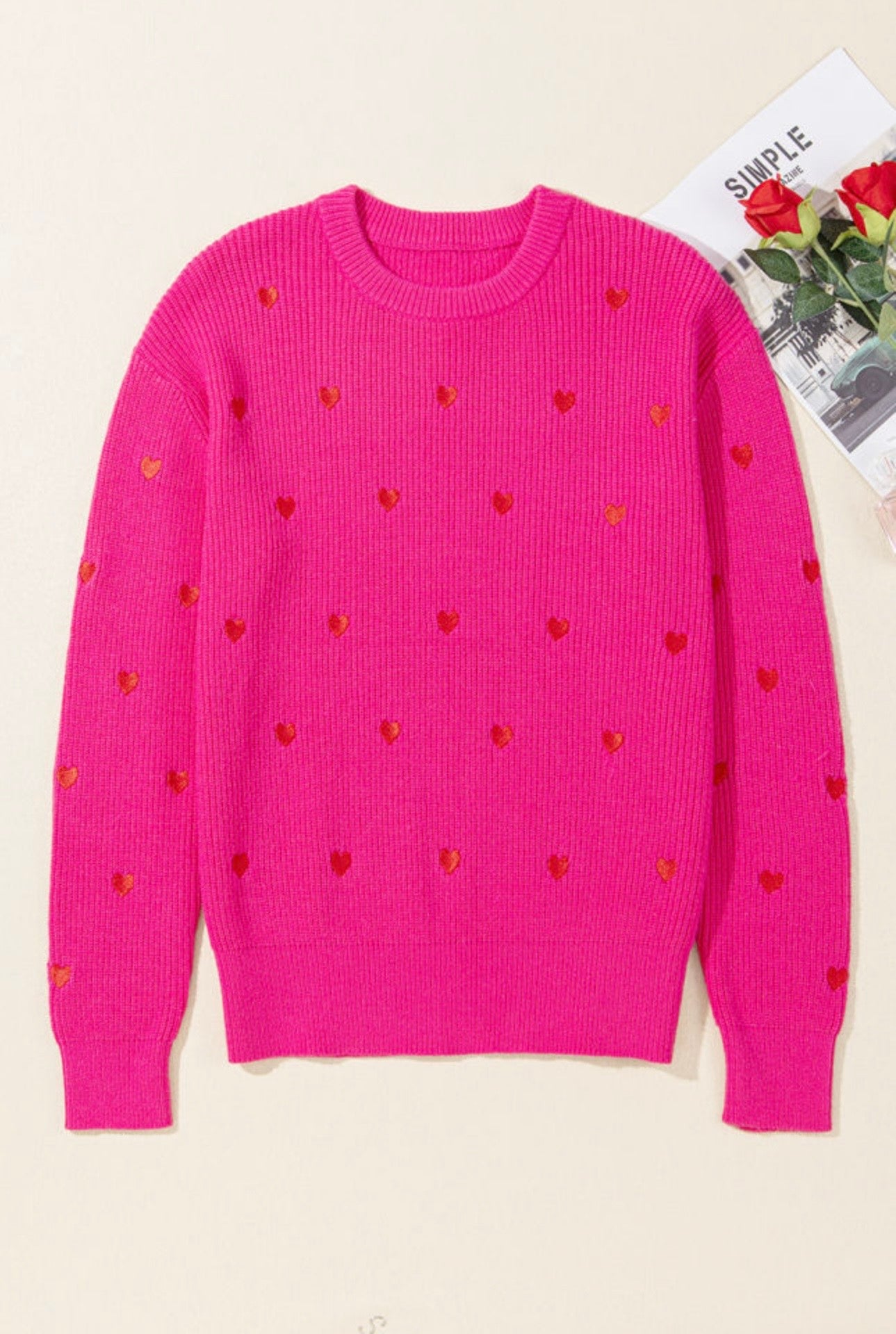 Magenta Sweater with Embroidered Hearts