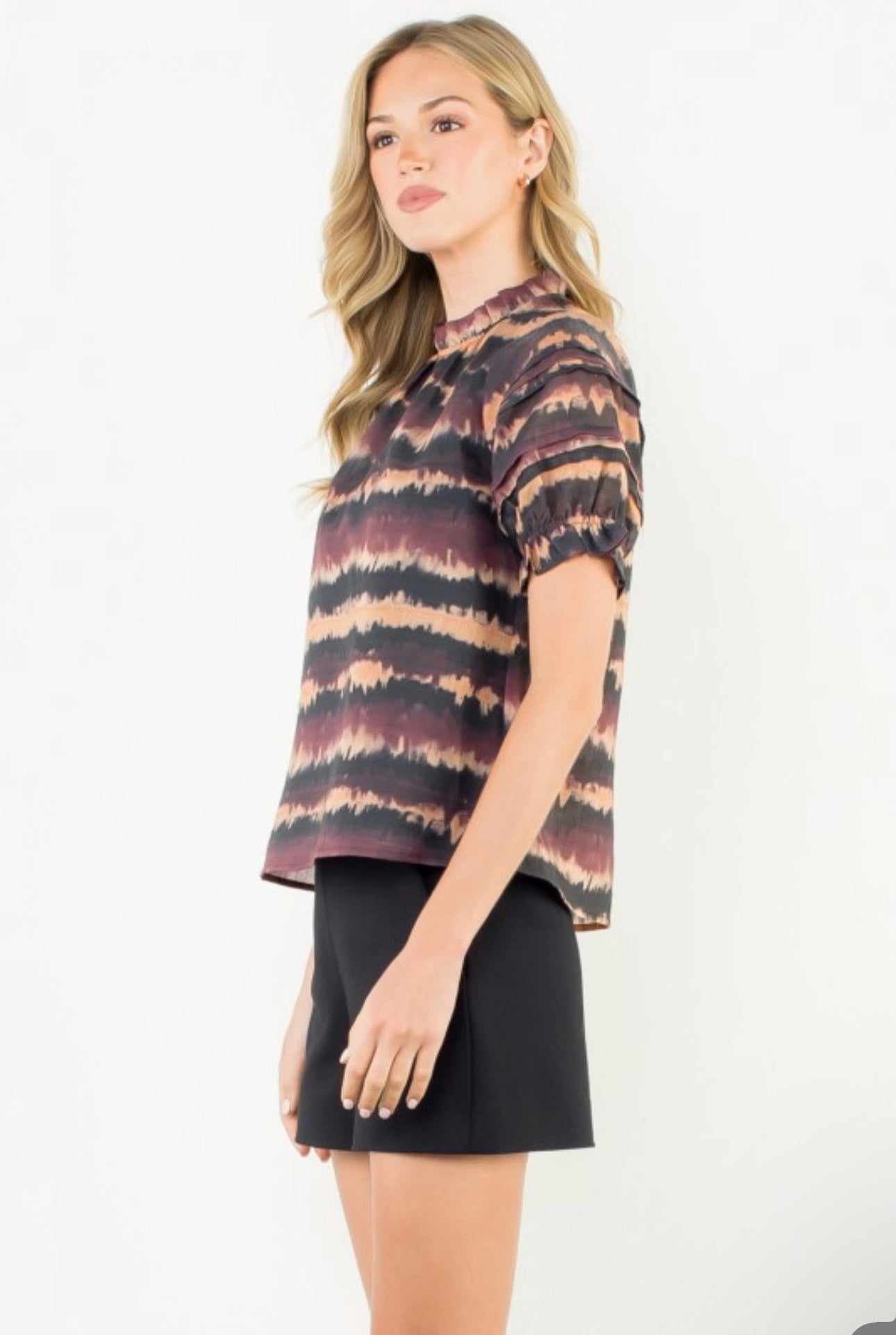 Pleated Puff Sleeve Brown/Black Blouse
