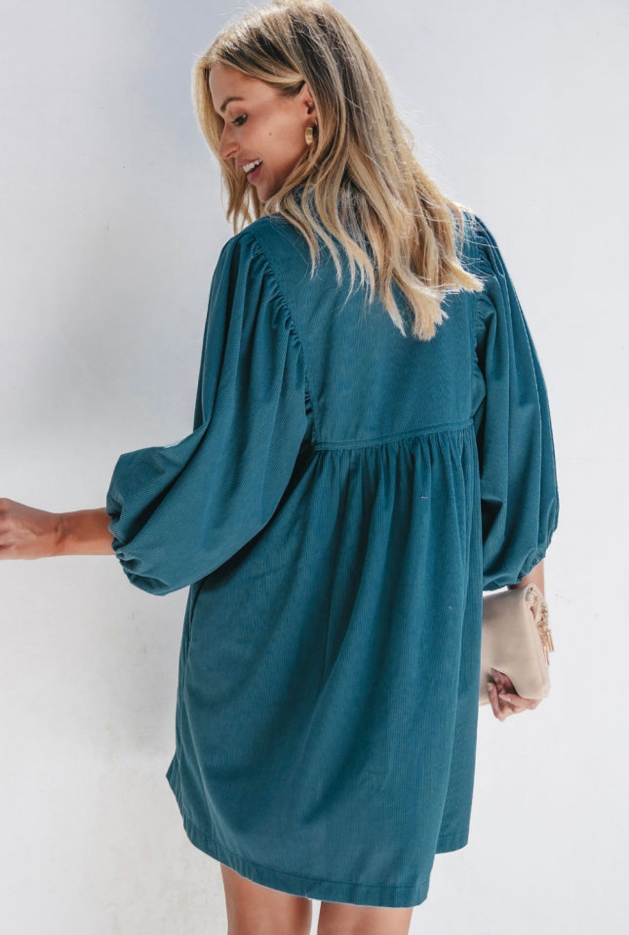 Teal Corduroy Empire Waist Dress