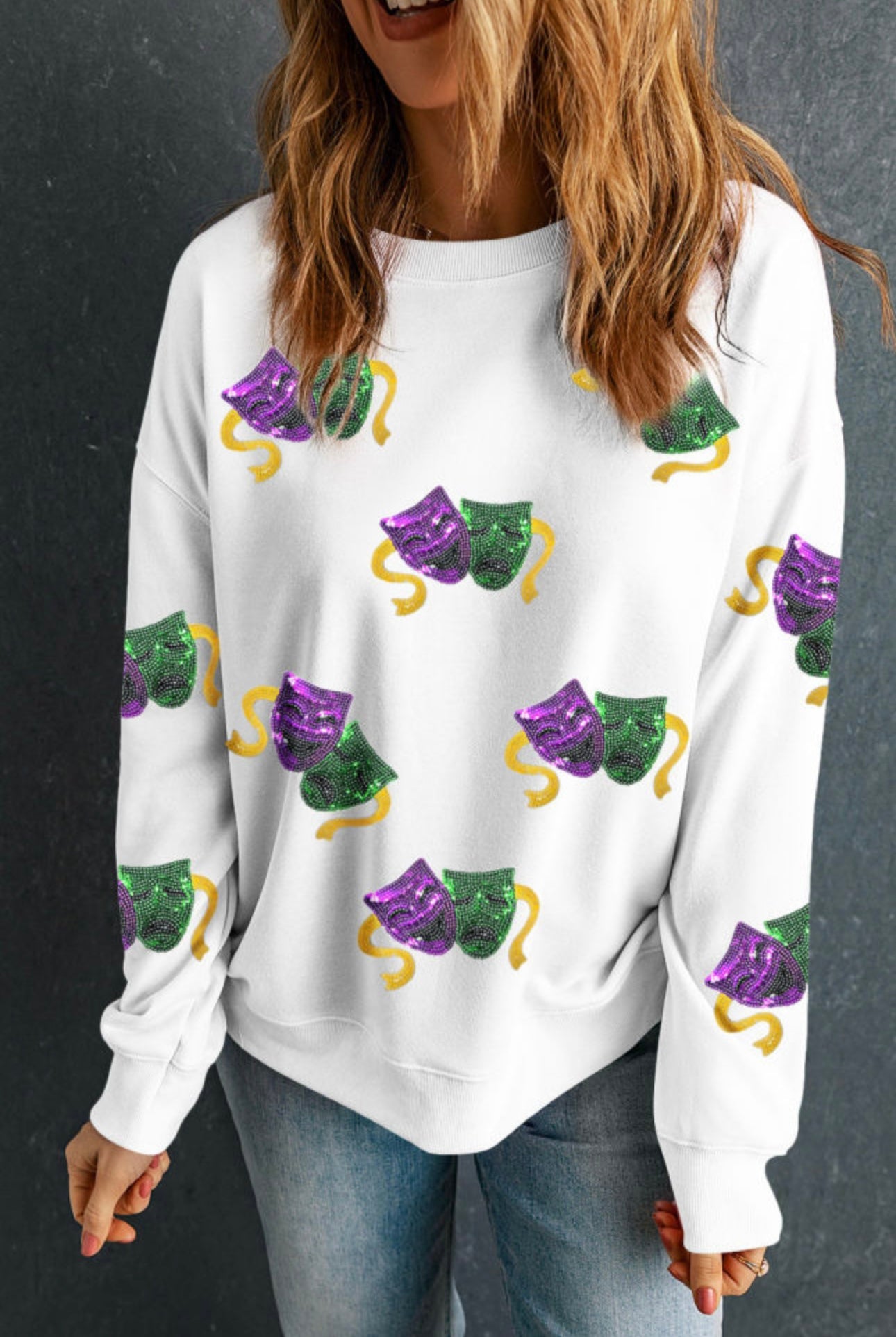 White Sequined Mardi Gras Mask Sweatshirt