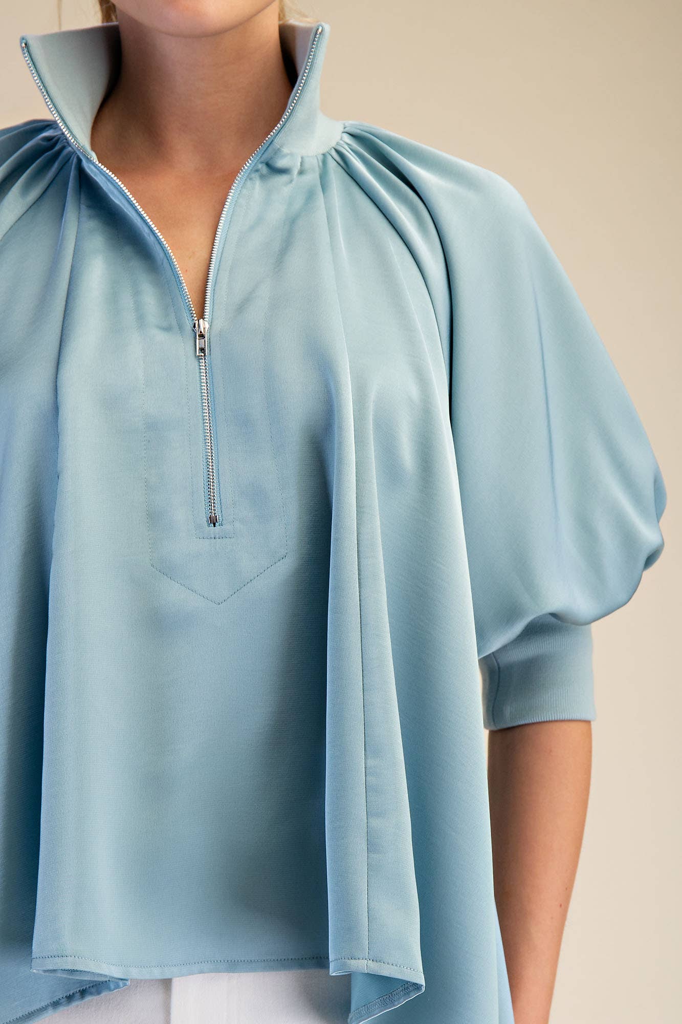 Light Blue Mock Neck Band Puff Sleeve Blouse