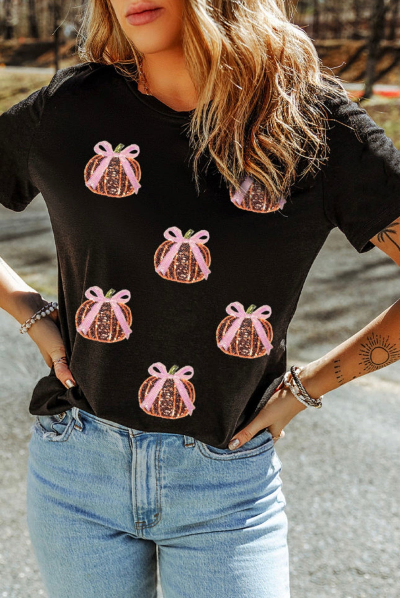 Black Sequin Bow Pumpkin Tee