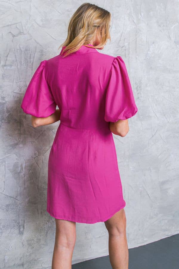 Fuchsia Solid Side Tie Woven Dress