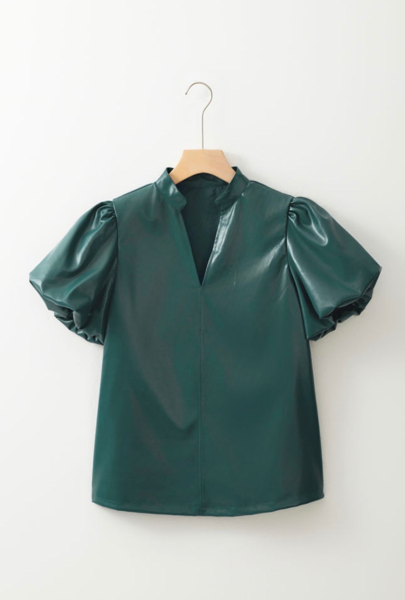 Dark Green Puff Sleeve V Neck PU Leather Top
