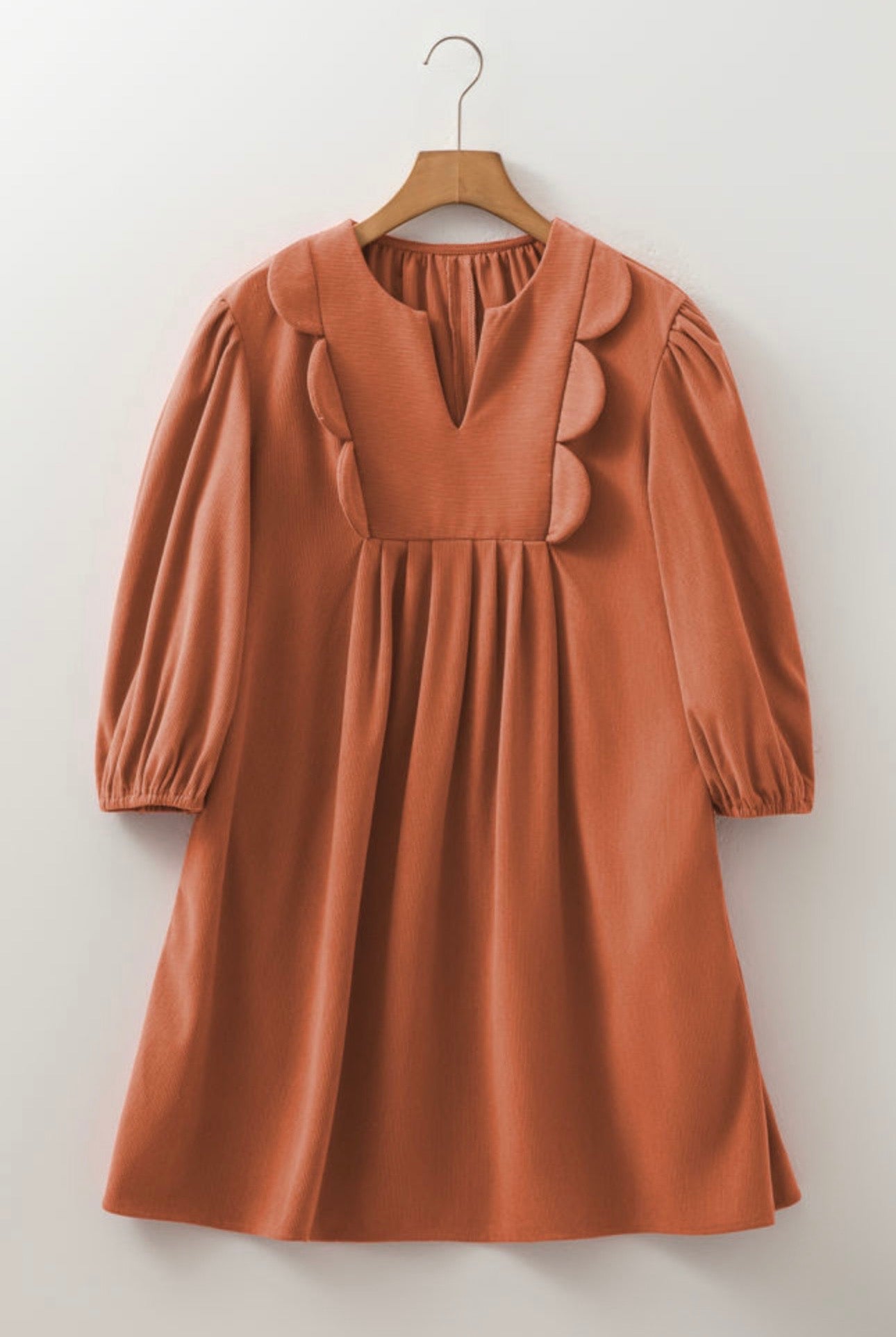 Cinnamon Scallop Detail Corduroy Dress