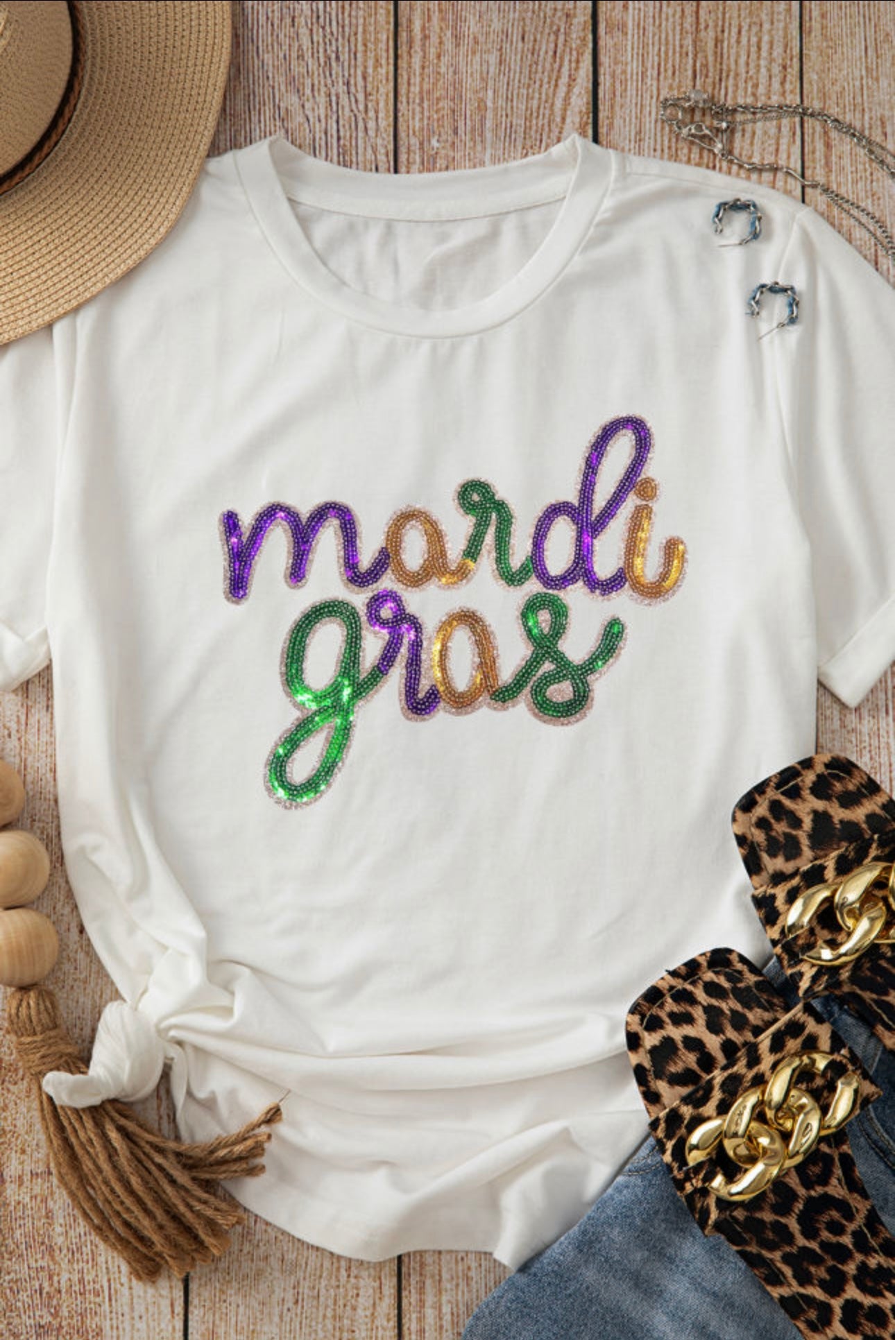 White Sequined Mardi Gras Tee