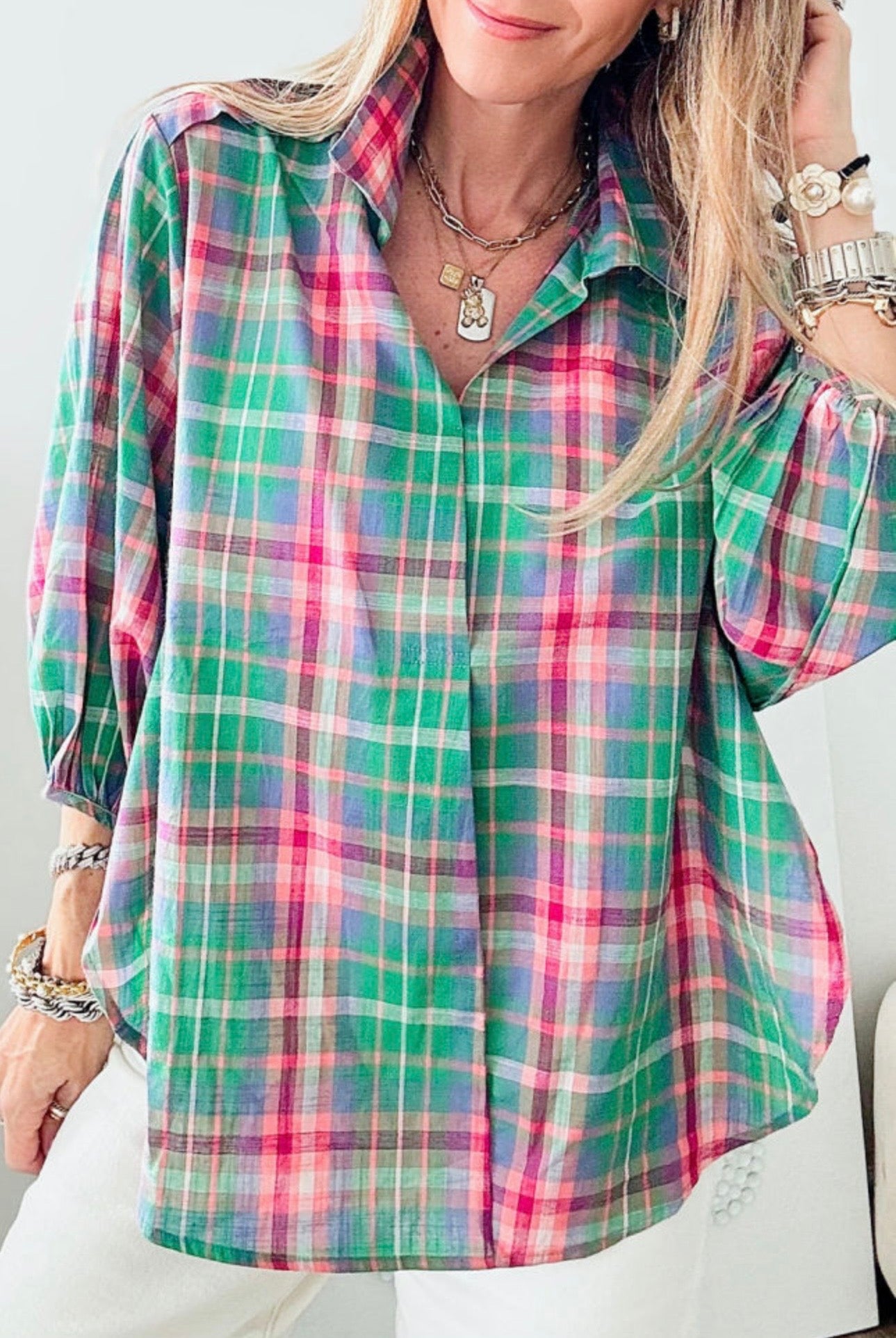 Green Plaid V Neck Collared 3/4 Sleeve Blouse
