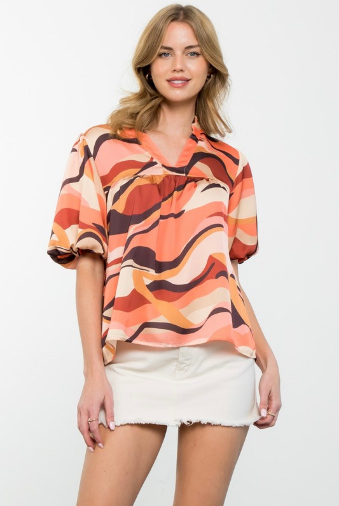 Coral Print Puff Sleeve Blouse