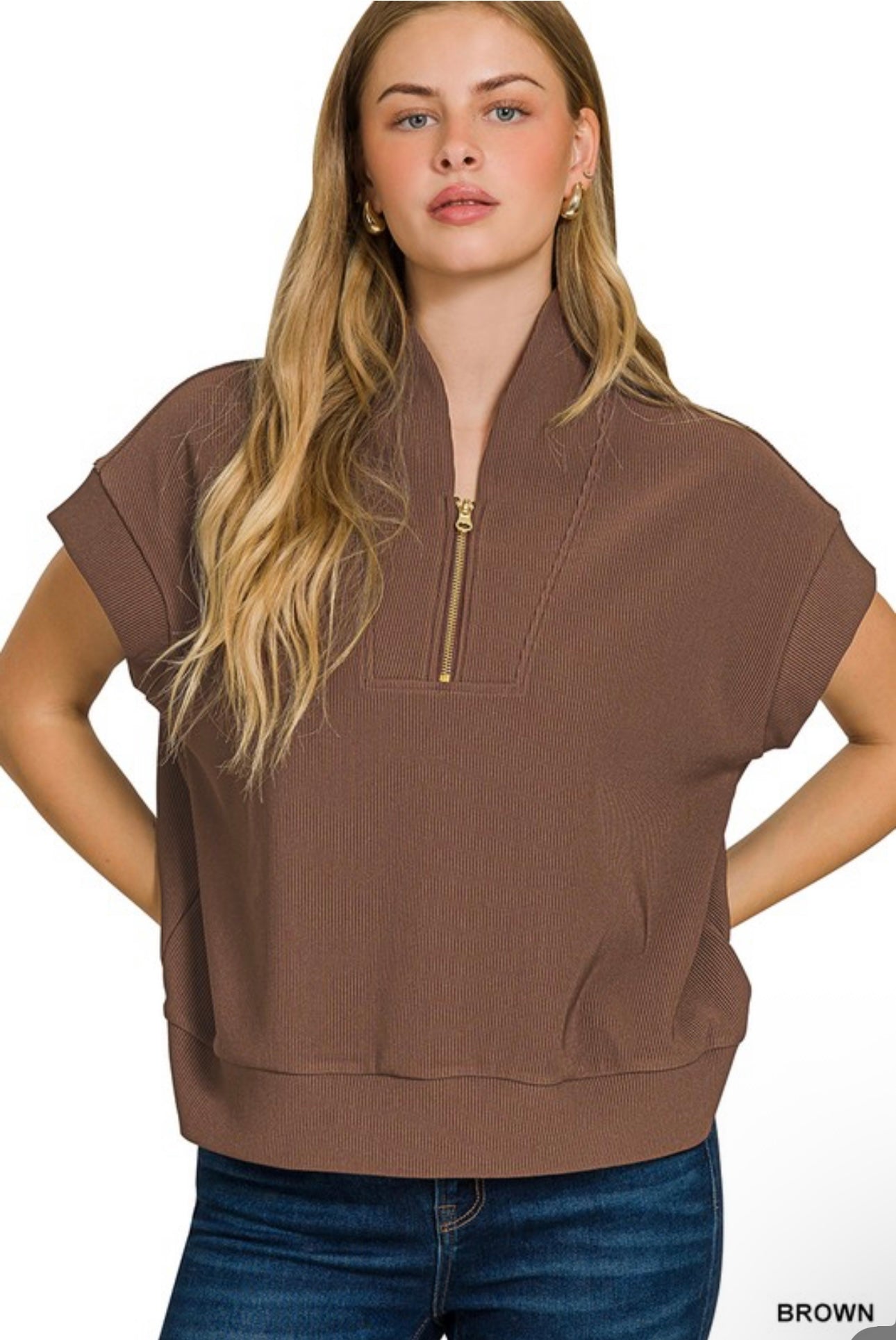 Ribbed High Neck Half Zip Top