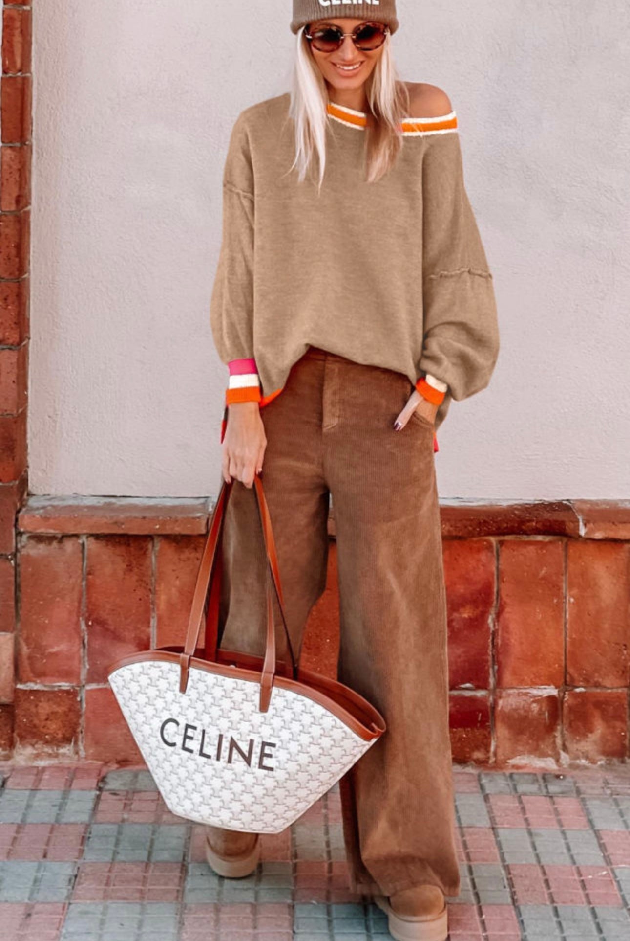 Tan Drop Shoulder Sweater with Orange/Pink Trim Stripes