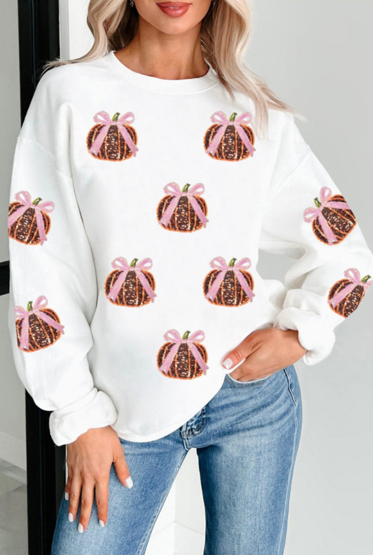 White Sequin Bow Pumpkin Sweatshirt