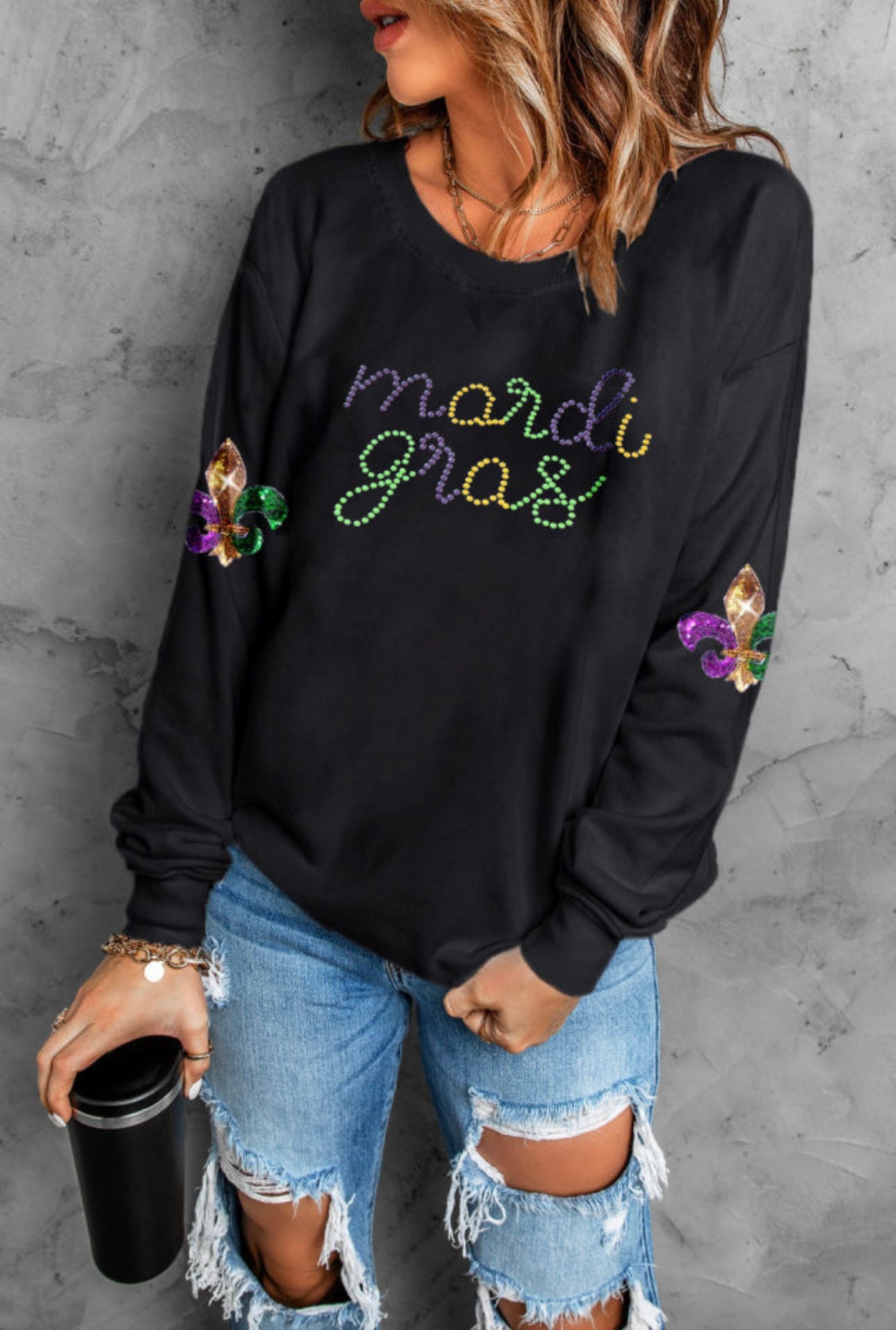 Black Ceramic Rhinestone Mardi Gras Sweatshirt